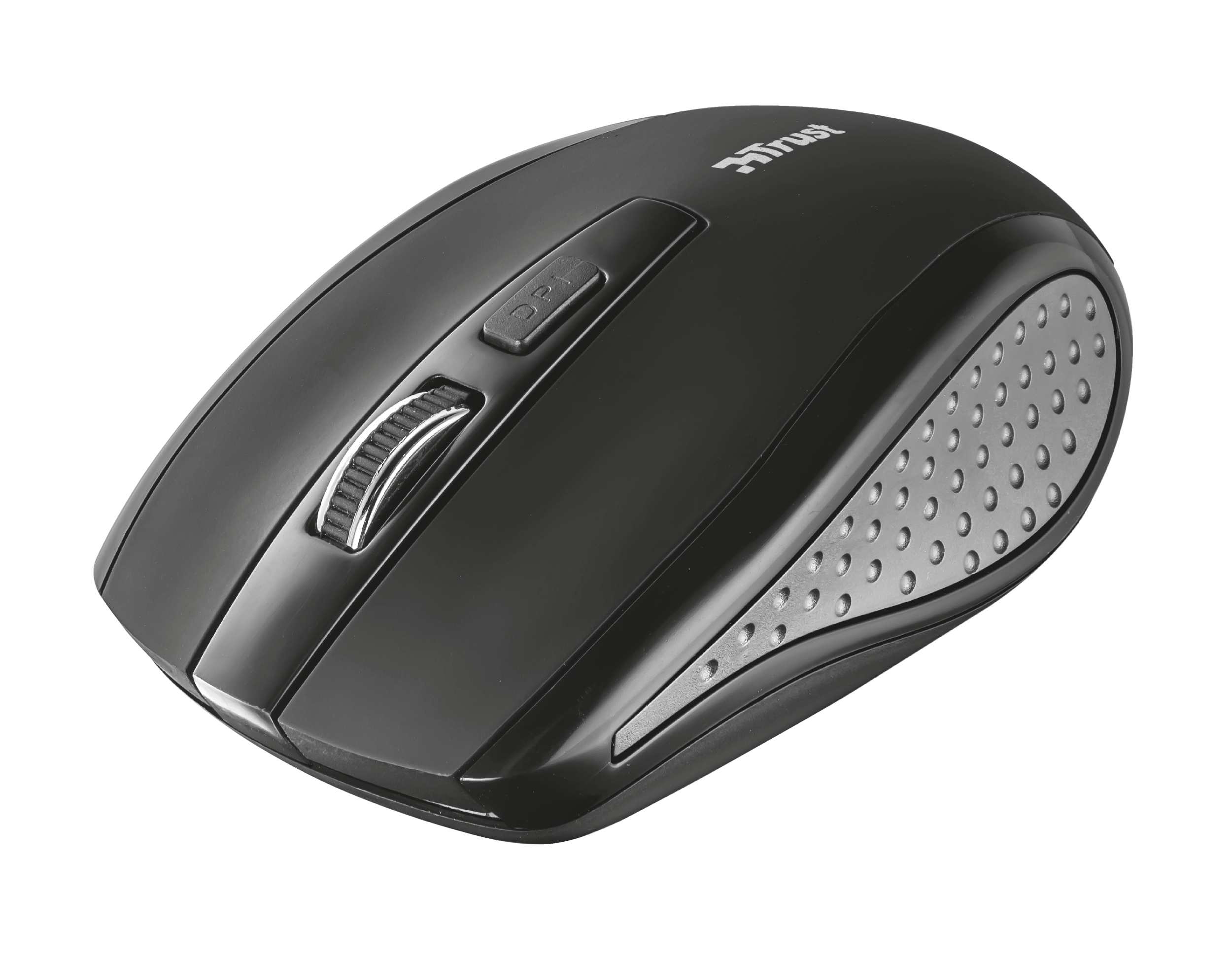 Mouse nero con rotella d'argento su sfondo bianco.