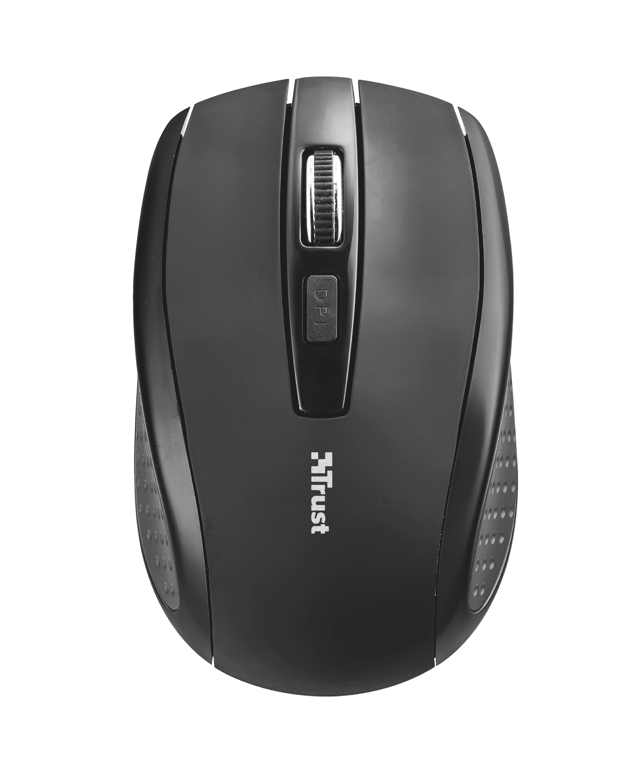 Un mouse per computer nero. Ha una rotella e dei pulsanti.