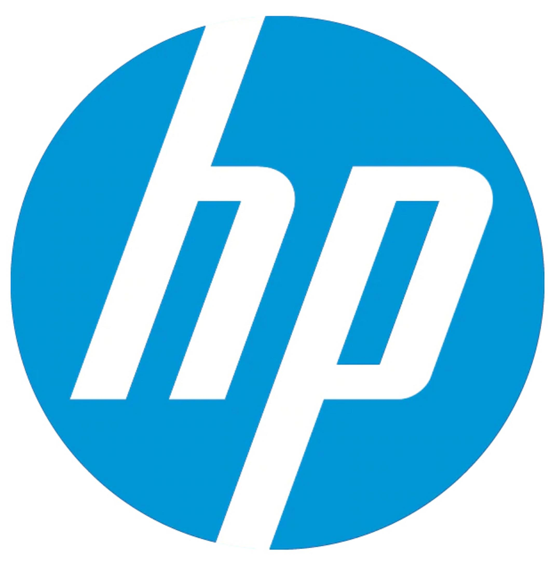 Logo HP to niebieskie koło z białymi literami 'hp', z 'h' nad 'p'.