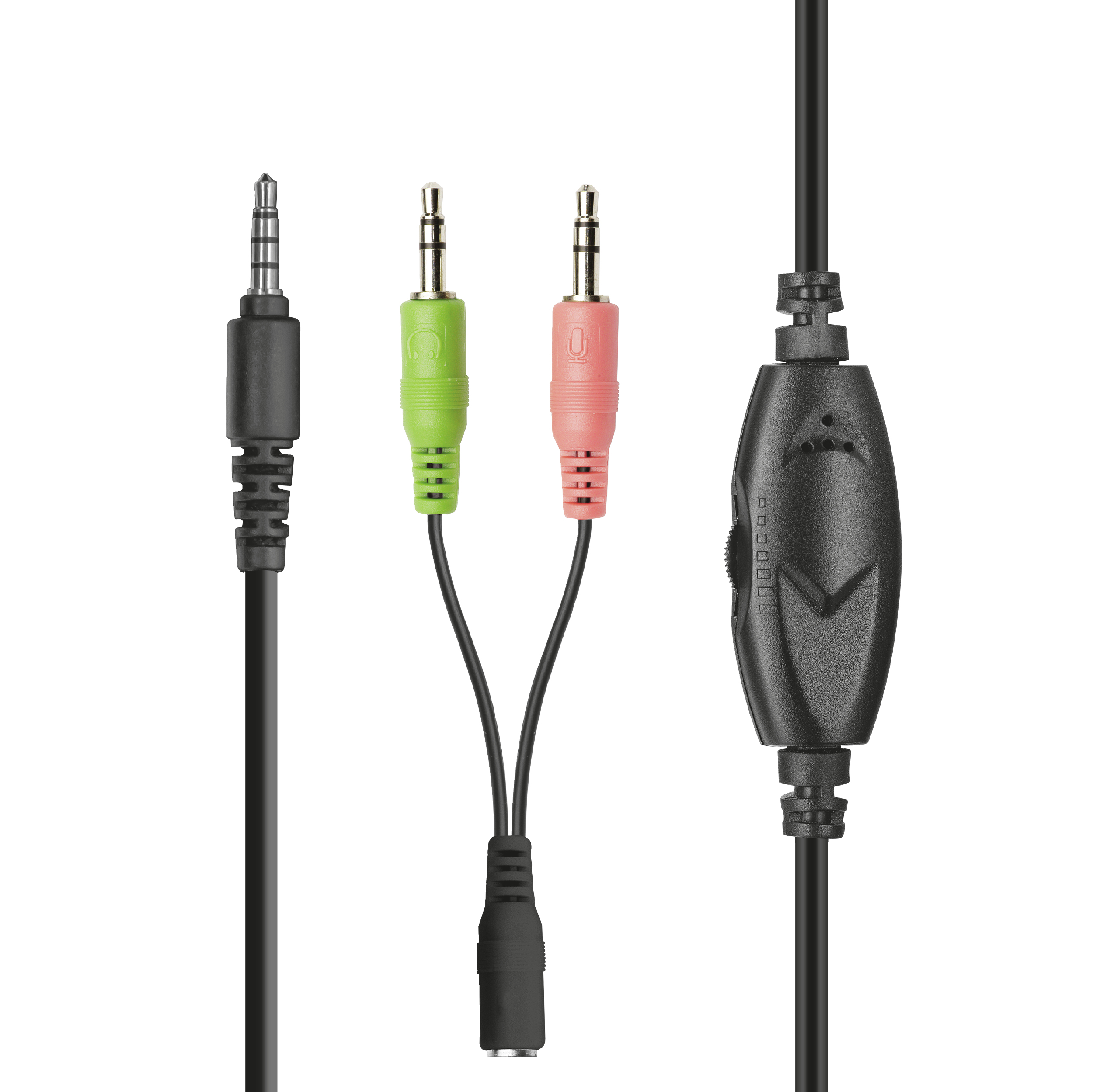 Cavi audio: nero, verde, rosa. Include un controllo del volume. Sfondo bianco.