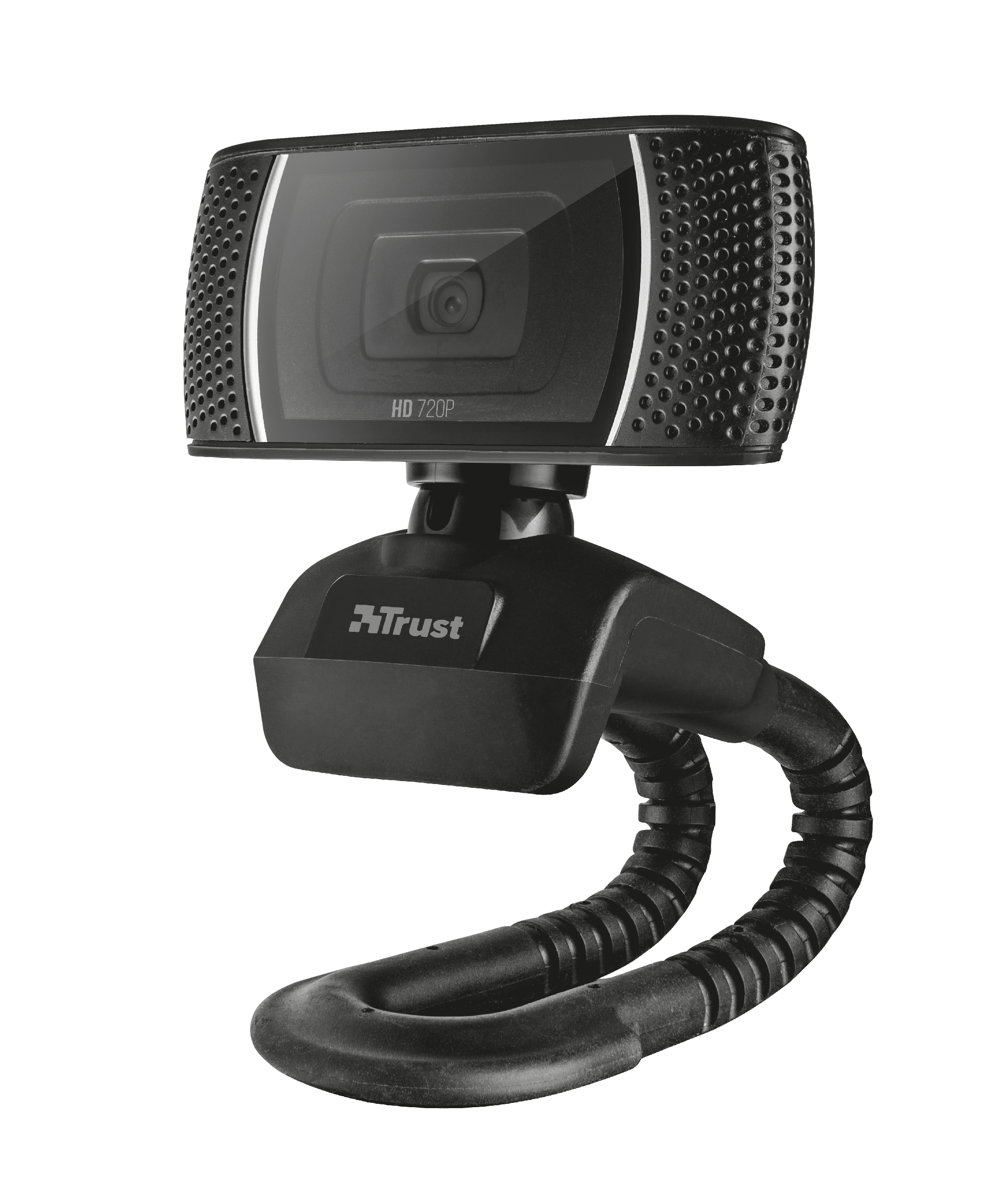 Una webcam nera con etichetta 720p, su sfondo bianco.