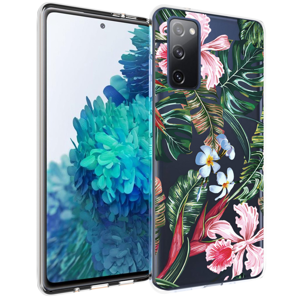 Un telefono con una custodia floreale e una custodia trasparente.