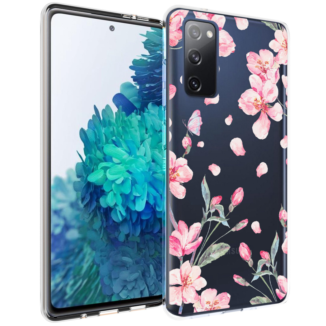 Una custodia trasparente per telefono con design floreale rosa su sfondo nero, accanto a uno smartphone.