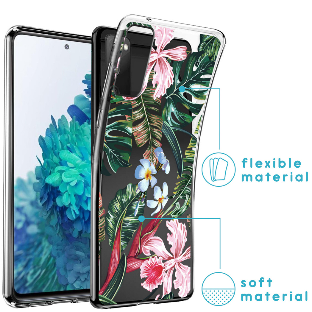 Custodia trasparente con stampa floreale tropicale. Telefono sullo sfondo. Materiale flessibile e morbido.