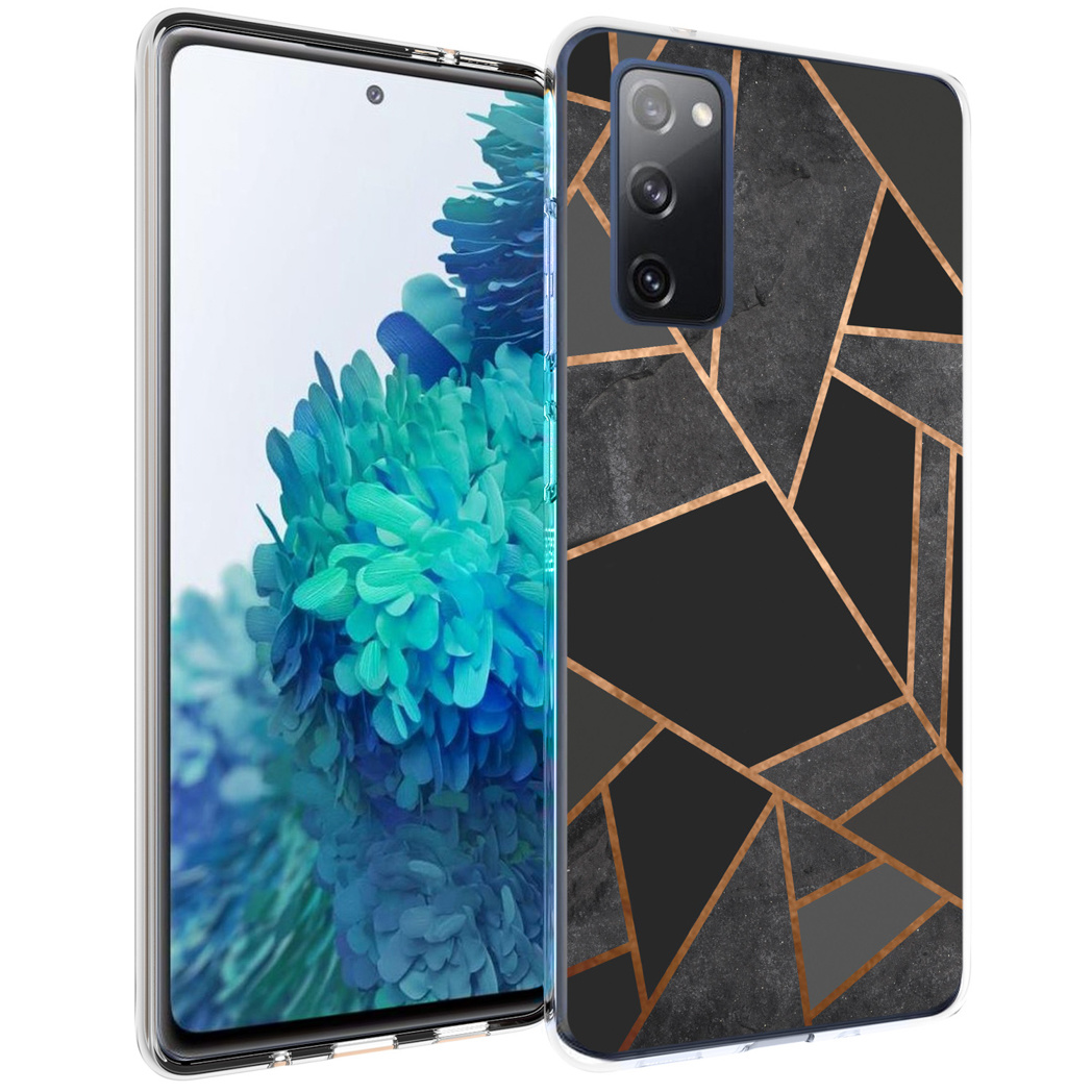 Telefono con custodia dal design marmoreo. Il telefono è sul lato sinistro.