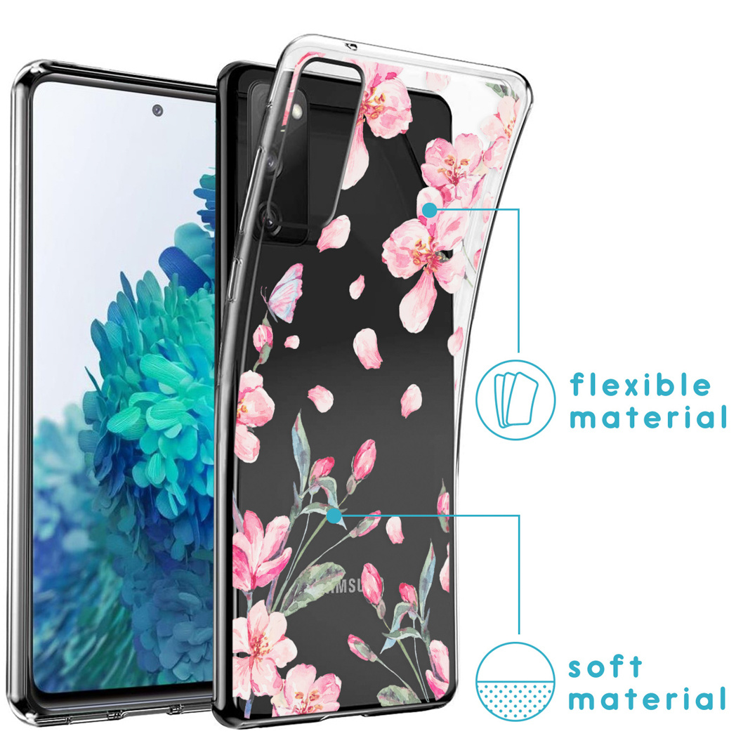 Custodia trasparente con motivo floreale rosa. Telefono sullo sfondo. Materiale flessibile e morbido.