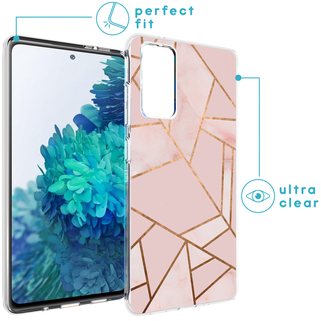 Una custodia per telefono su un telefono. La custodia è rosa con motivi geometrici dorati.