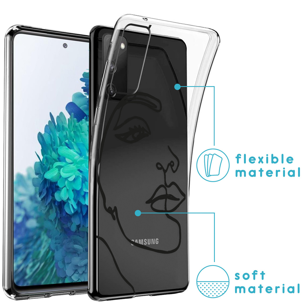 Custodia per telefono su un telefono. Un disegno a linee di un volto è sullo sfondo nero.