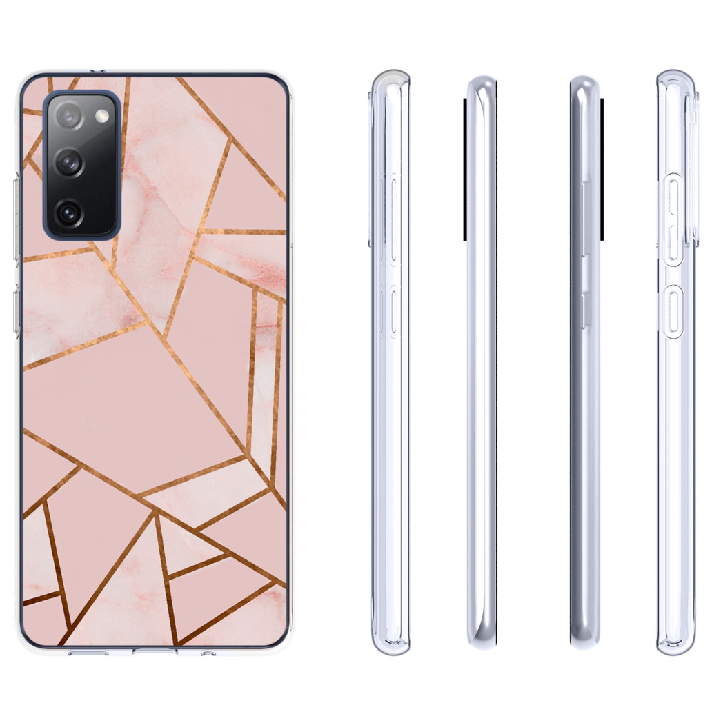 Telefono con custodia dal design marmoreo rosa. Il telefono è a sinistra.