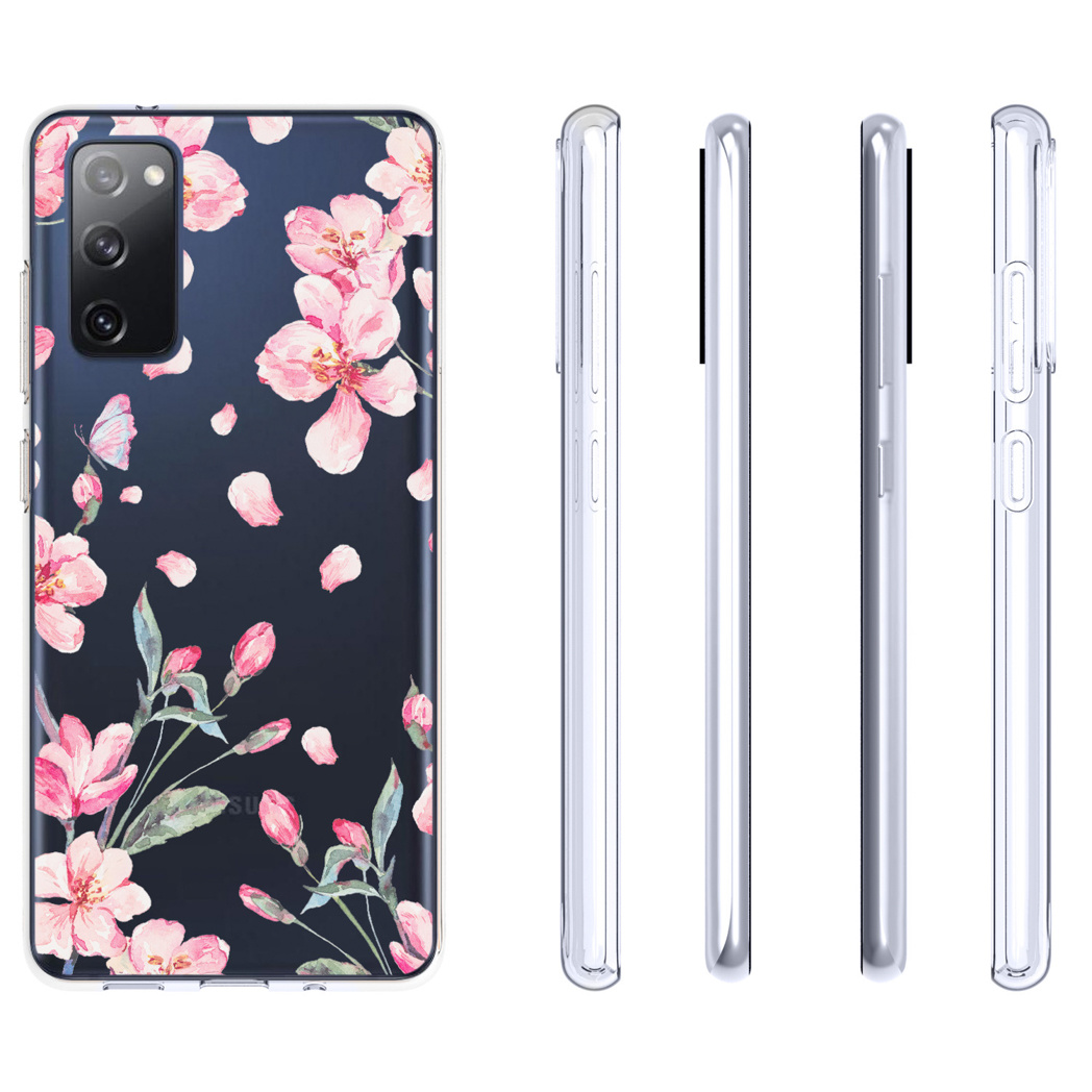 Custodia per telefono con design floreale, vista frontale e laterale.