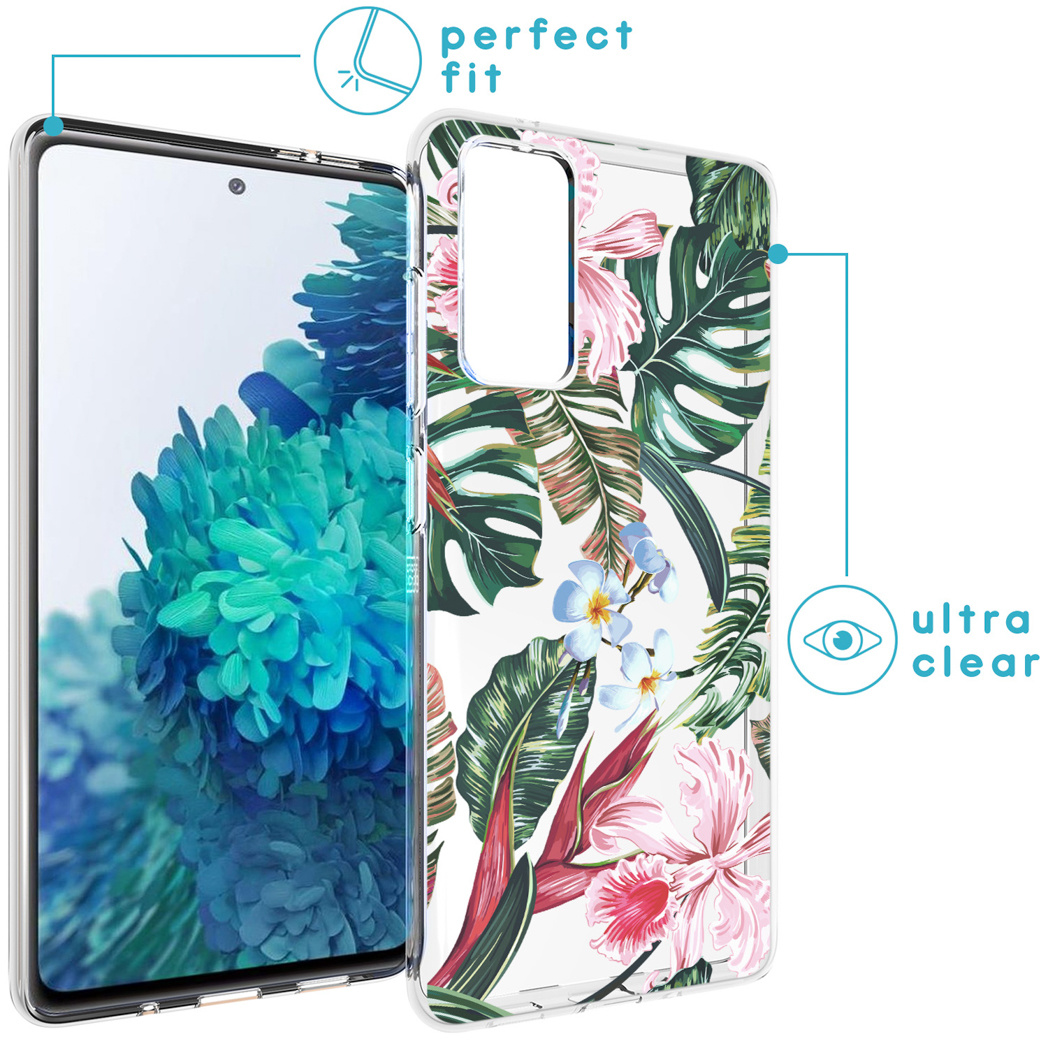 Custodia trasparente con design floreale, su un telefono.