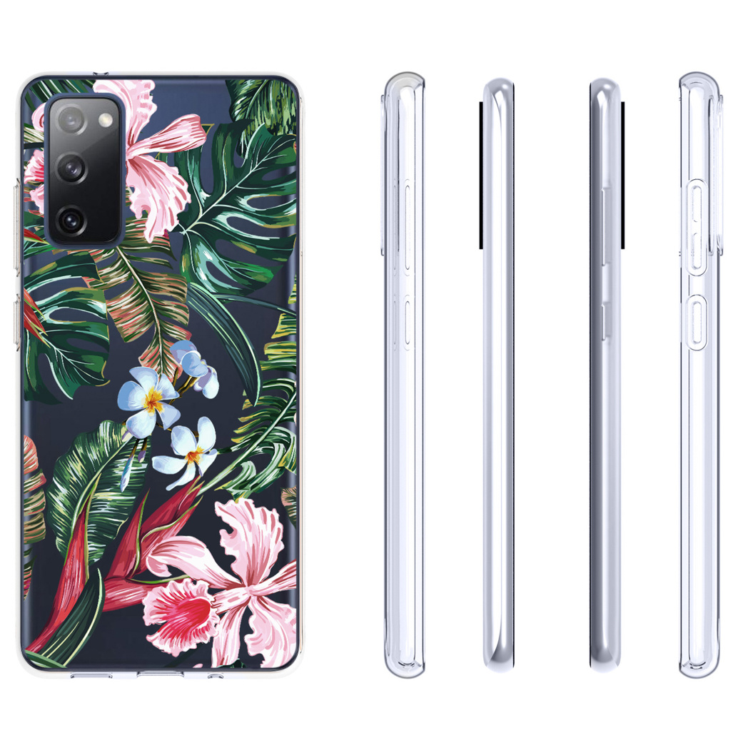 Custodia per telefono con design floreale. Lati del telefono visibili. Fiori bianchi, foglie verdi su sfondo scuro.