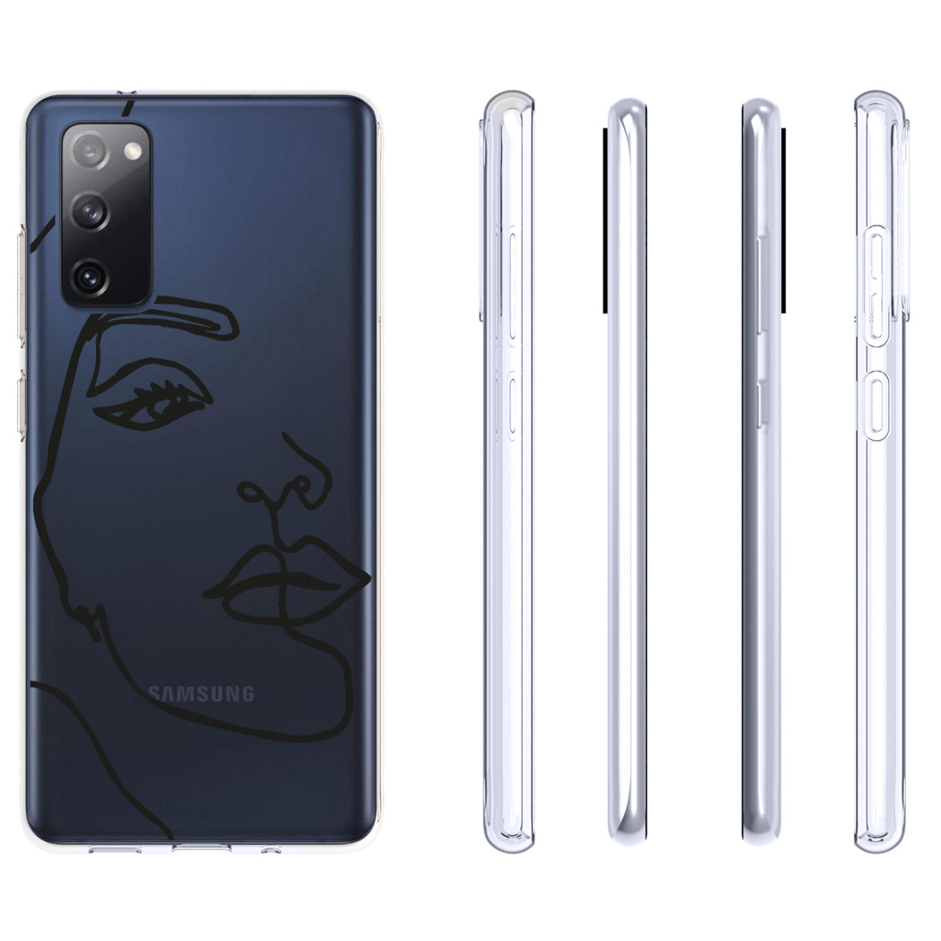Telefono in una custodia trasparente con un design a contorno del viso. Il telefono è mostrato da diverse angolazioni.