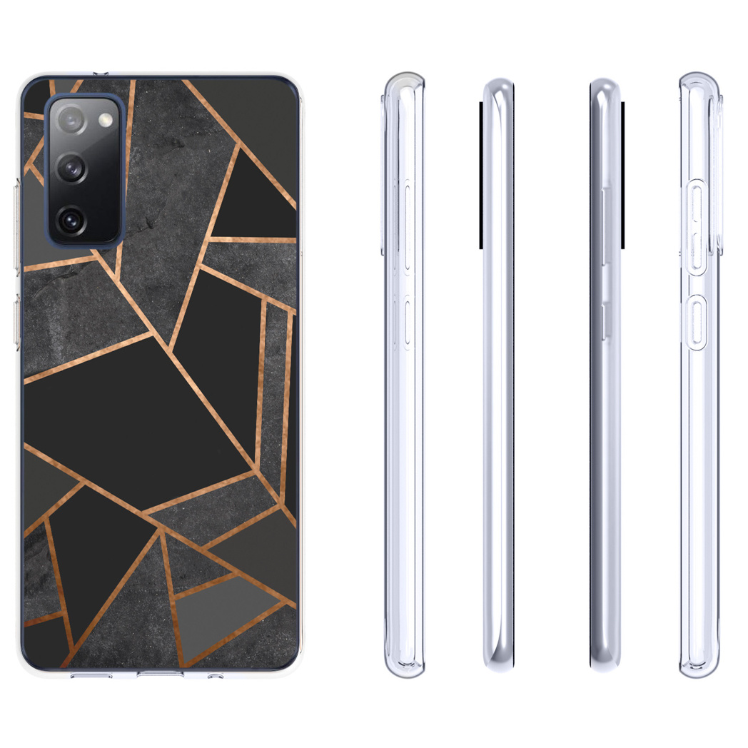 Un telefono con una custodia dal design geometrico, mostrato da più angolazioni.