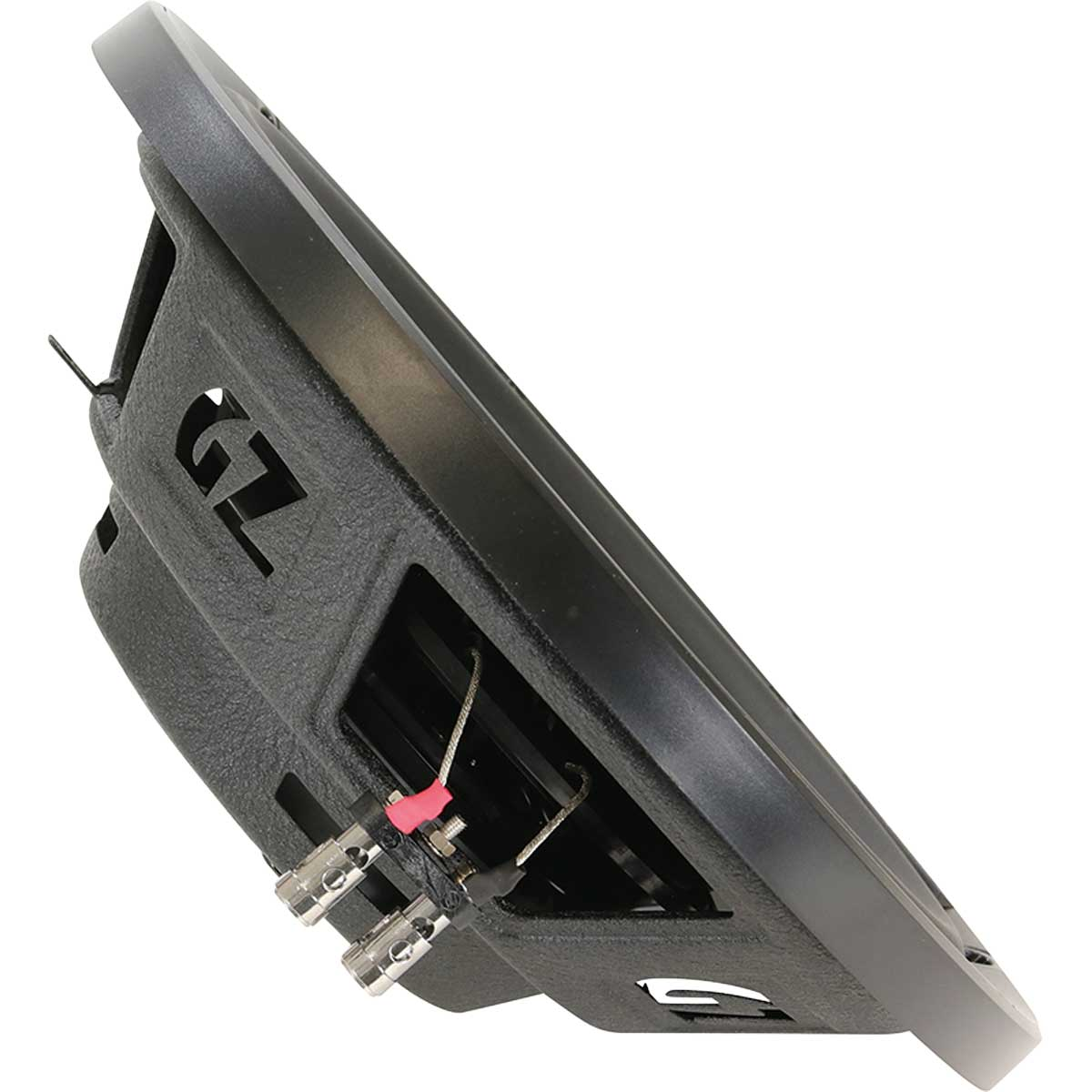Schwarzer Subwoofer mit GZ-Logo sichtbar. Winkelansicht.