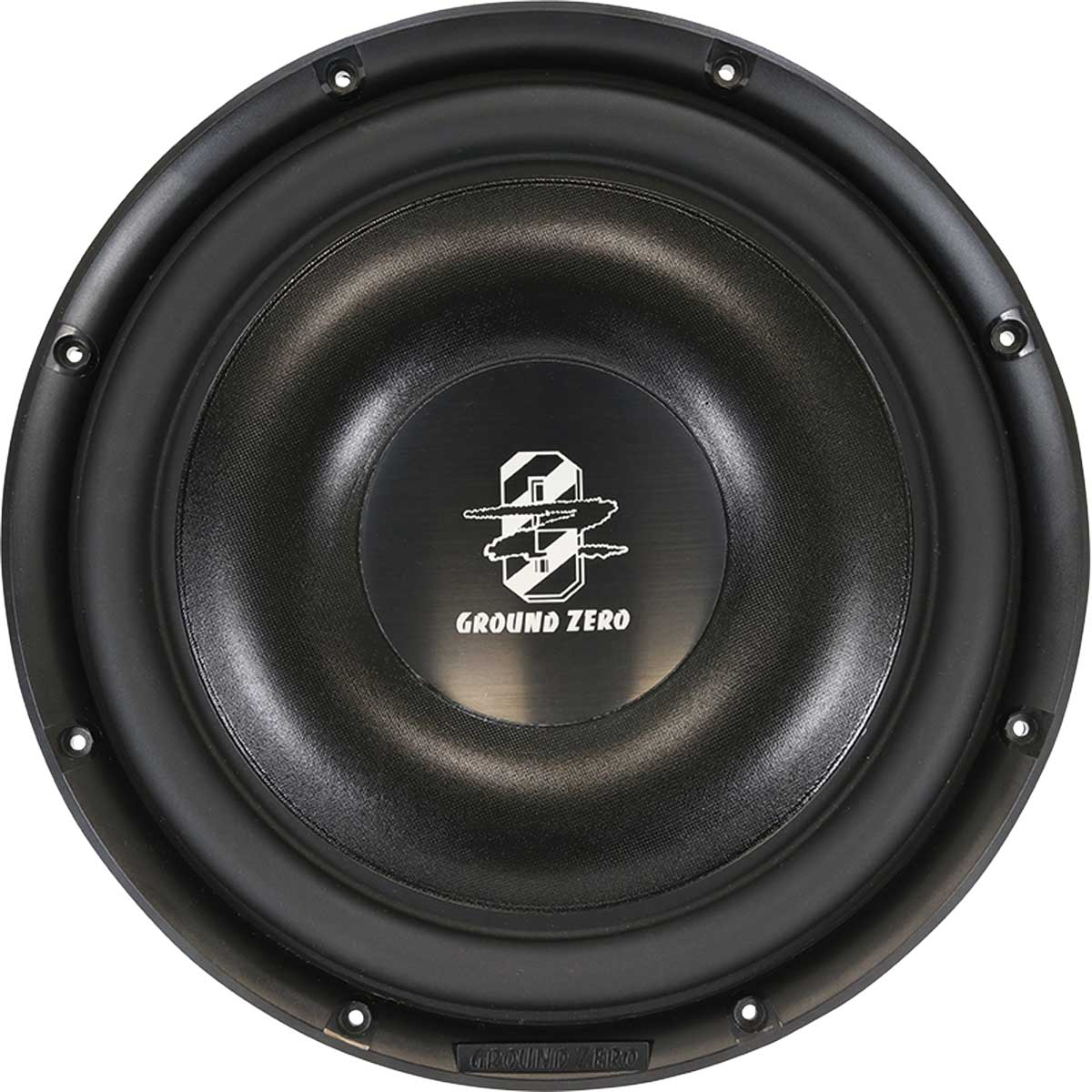 Schwarzer Subwoofer mit GROUND ZERO Logo in der Mitte.