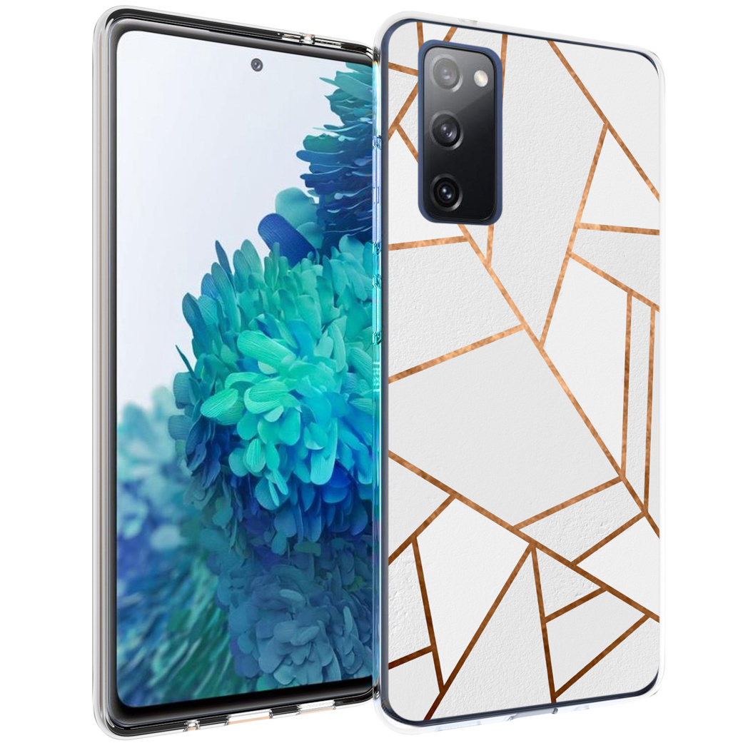 Custodia per telefono con motivo geometrico bianco e oro. Telefono sullo sfondo.