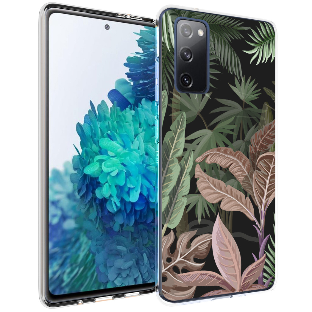 Telefono e custodia con foglie tropicali. Telefono sullo sfondo.