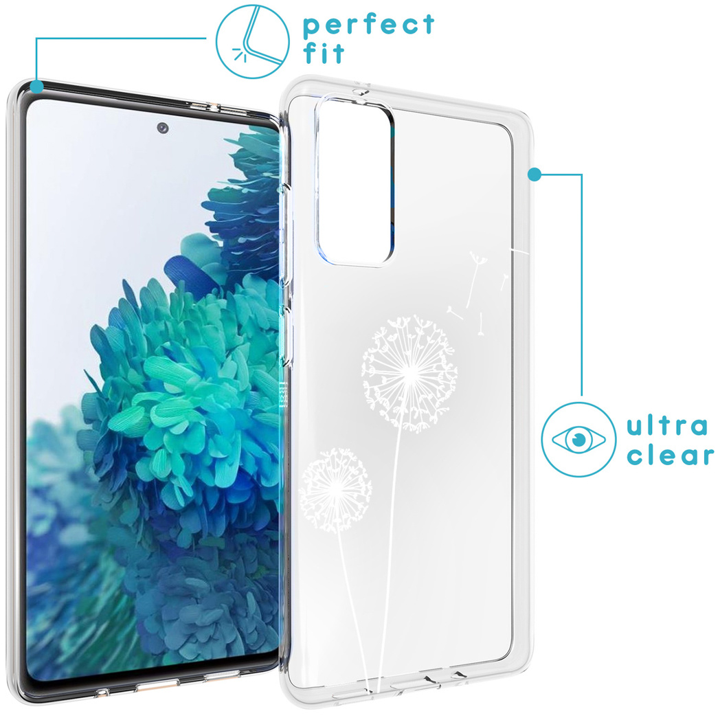 Un telefono con una custodia trasparente con denti di leone.