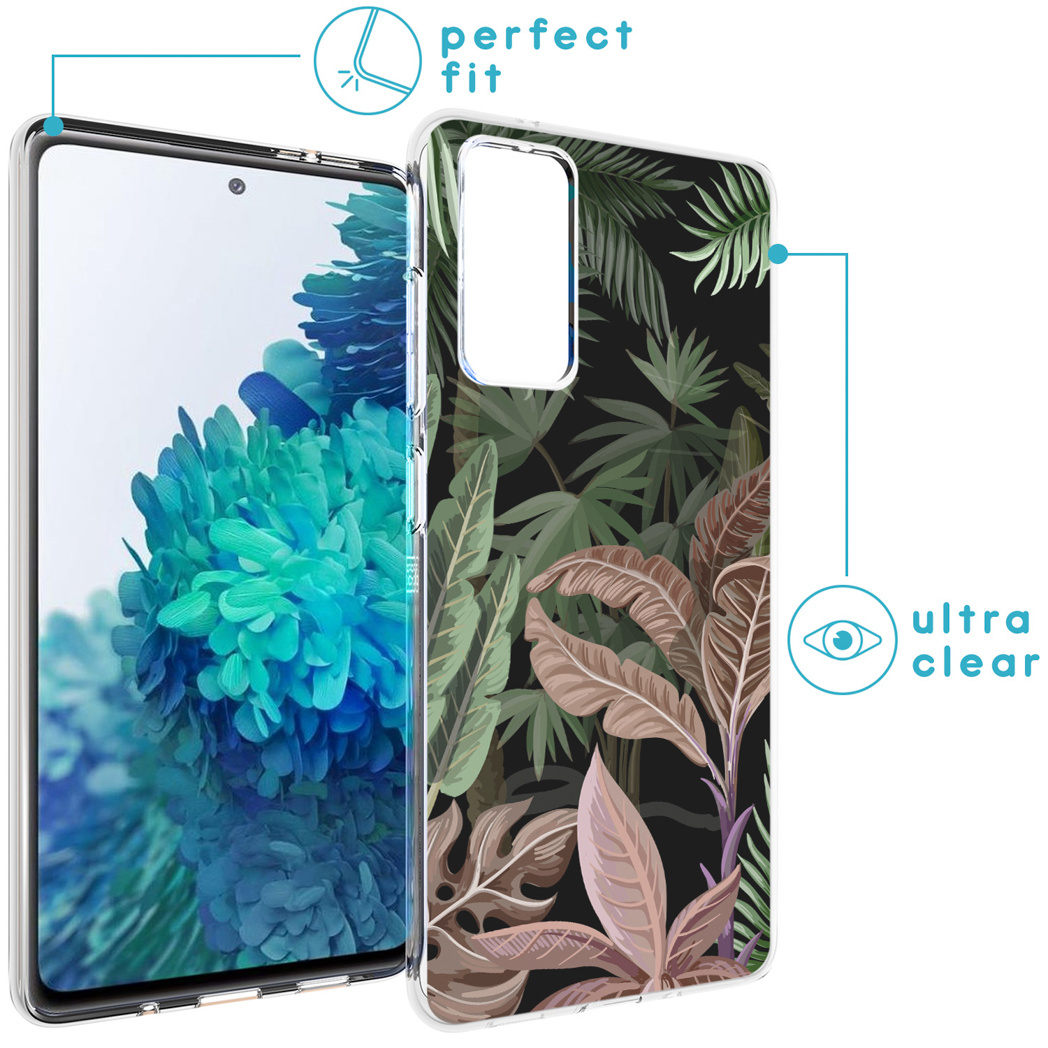Custodia per telefono con design tropicale, vista frontale e laterale.