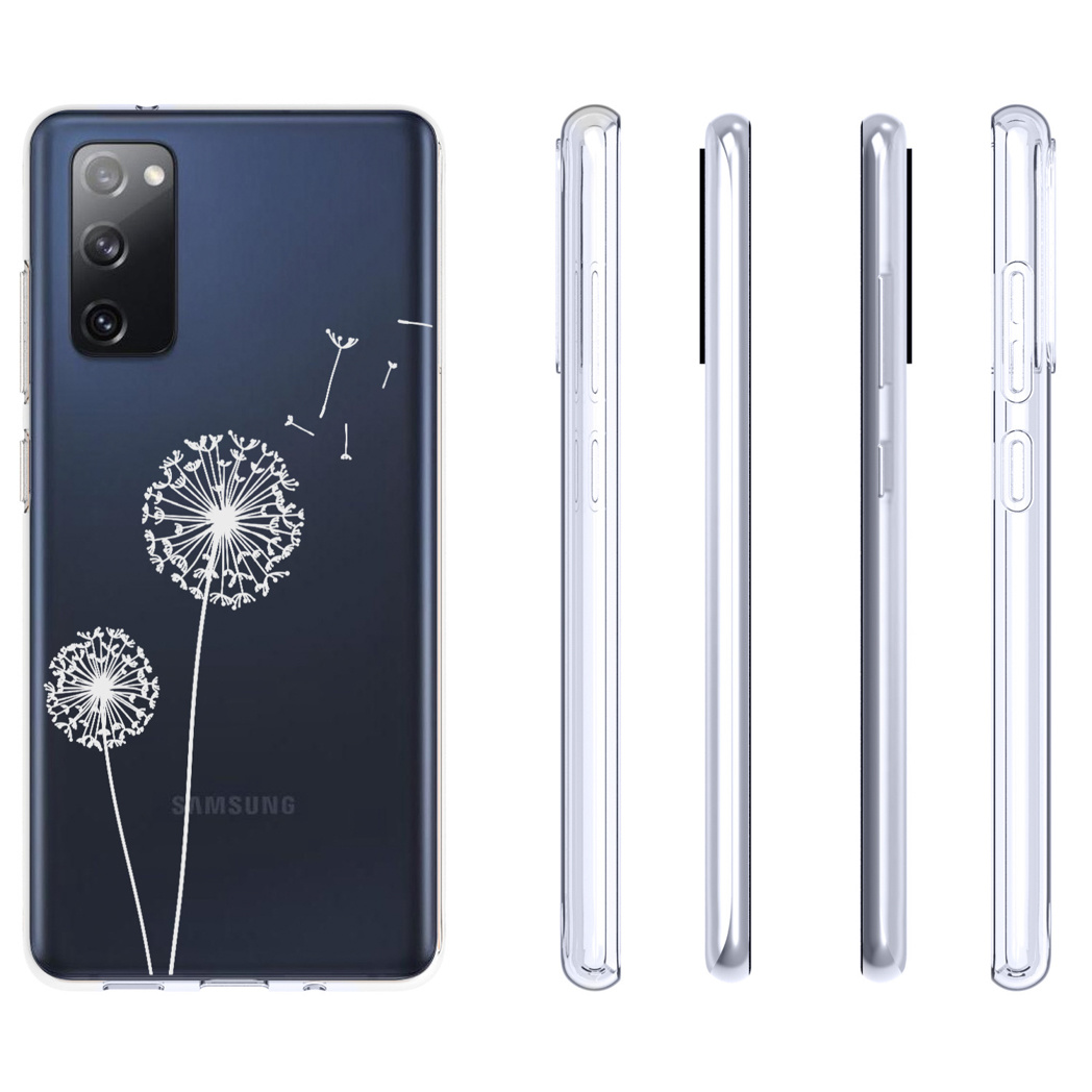 Custodia per telefono con design a dente di leone. Lati del telefono visibili. Denti di leone bianchi su sfondo blu scuro.