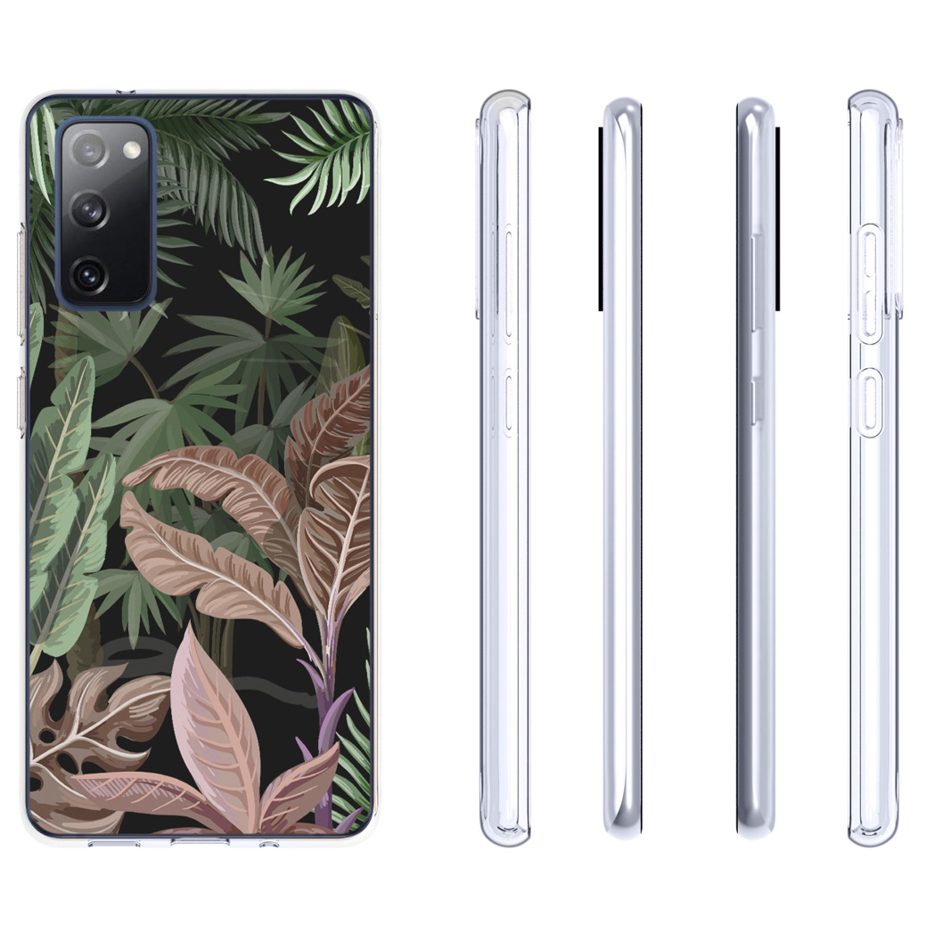 Custodia per telefono con motivo a foglie tropicali e varie viste laterali.