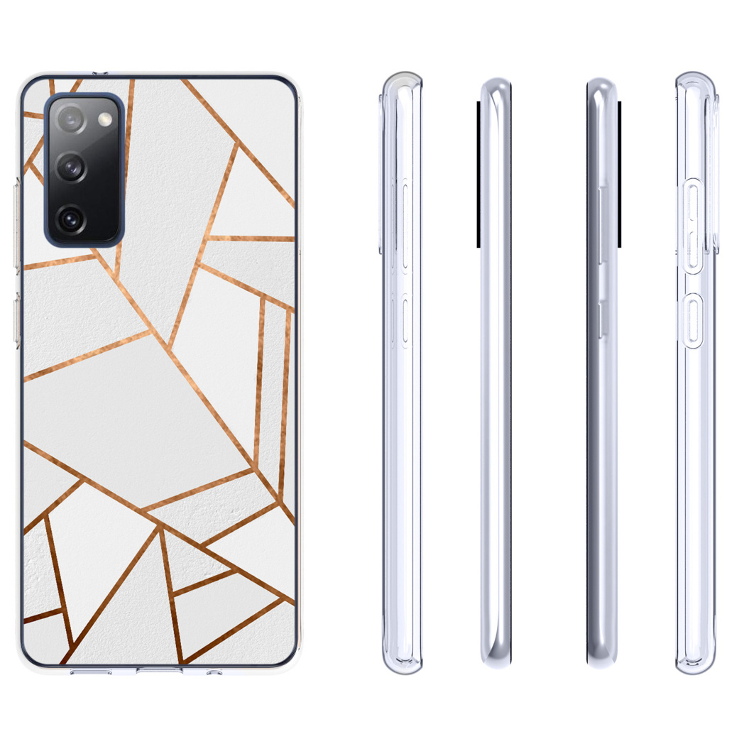 Custodia per telefono con motivo geometrico bianco e oro e varie viste laterali.