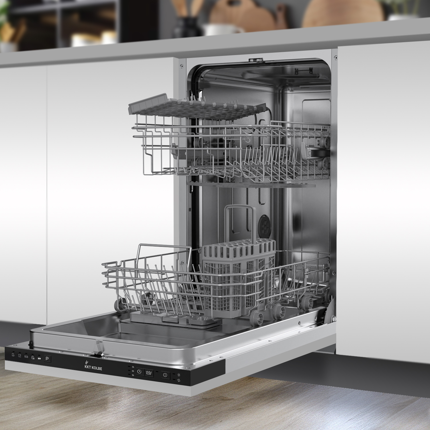 Eine offene Spülmaschine. Die Racks sind drin. Der Innenraum ist Edelstahl. Tür und Außen sind weiß.