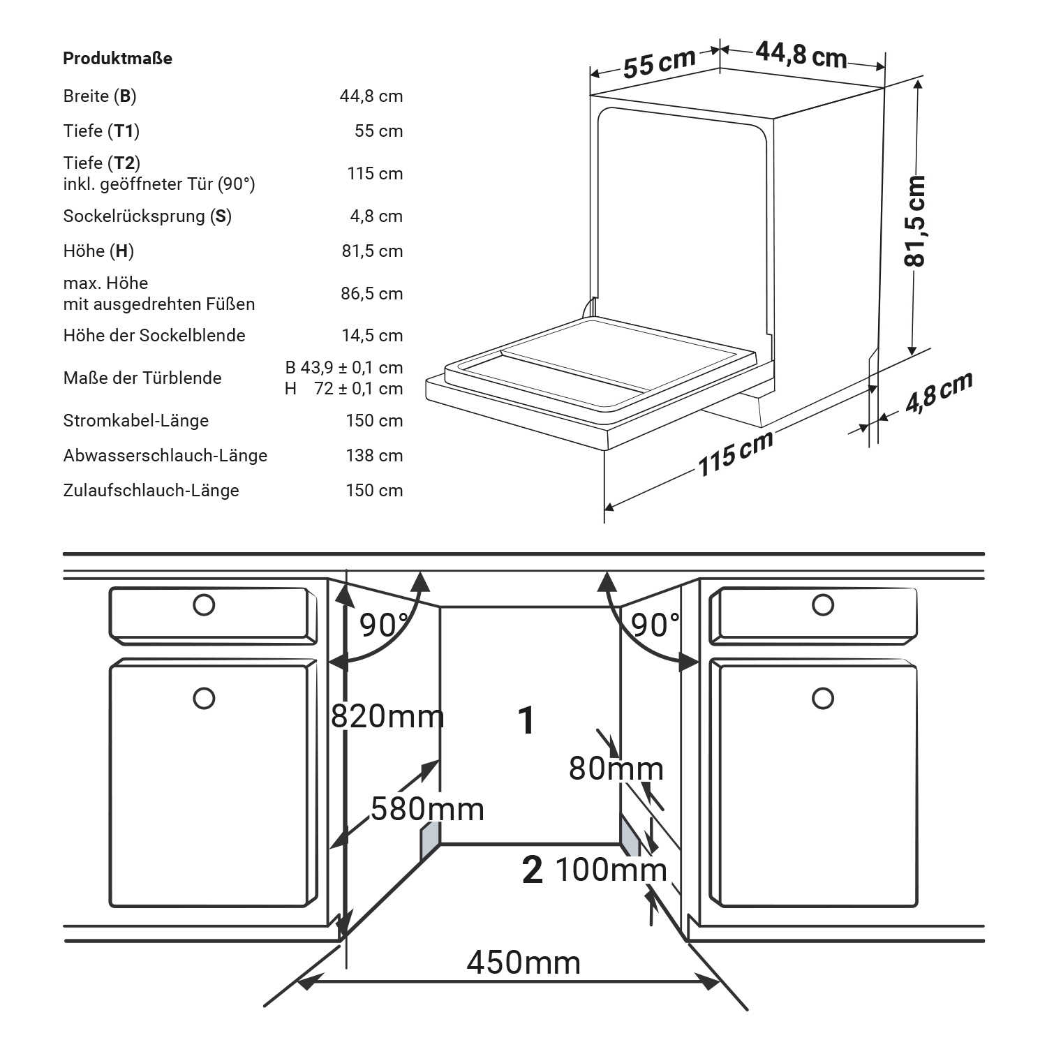 Ein Diagramm eines Geschirrspülers mit Abmessungen und Maßen, mit weißem Hintergrund.