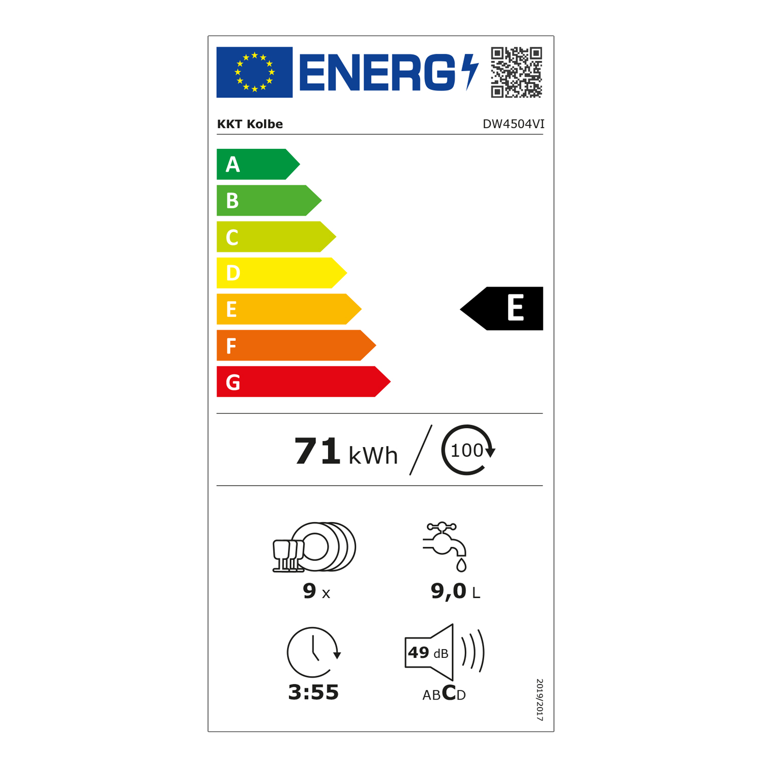 Geschirrspüler-Energielabel: E, 71 kWh/100, 9 Geschirrteile, 9,0L, 3:55, 49dB.