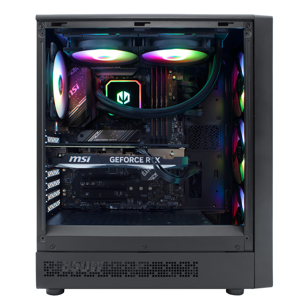 Caja de computadora abierta con componentes: ventiladores, tarjeta gráfica y hardware.