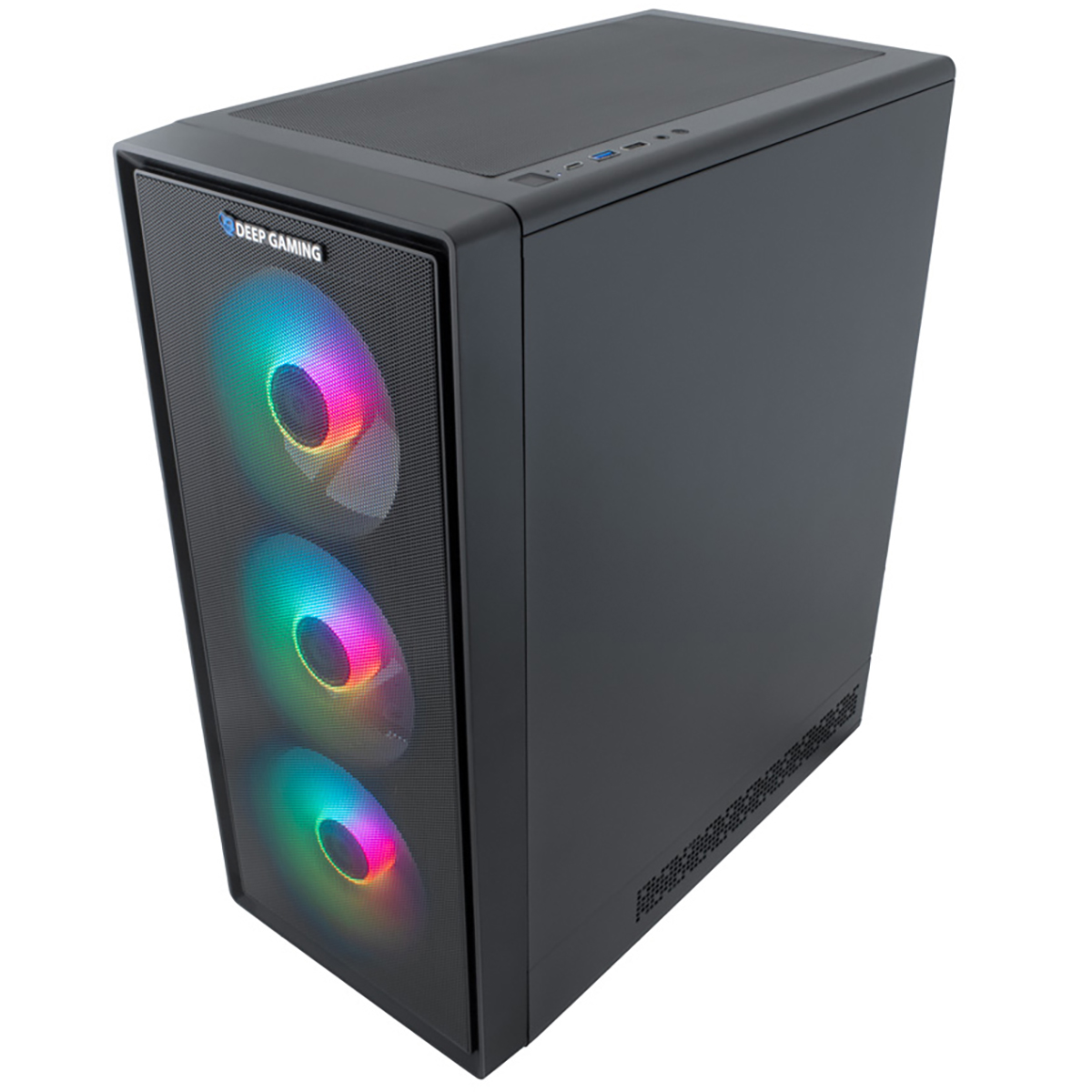 Una caja de ordenador negra con tres ventiladores RGB visibles. La caja tiene un panel frontal de malla y un panel superior.