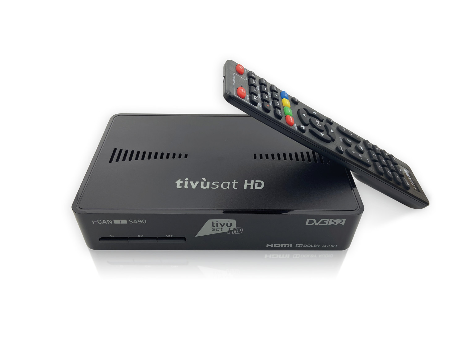 Schwarzer Digitalempfänger und Fernbedienung. Weißer Hintergrund. Text: tivùsat HD, DVB-S2, HDMI.