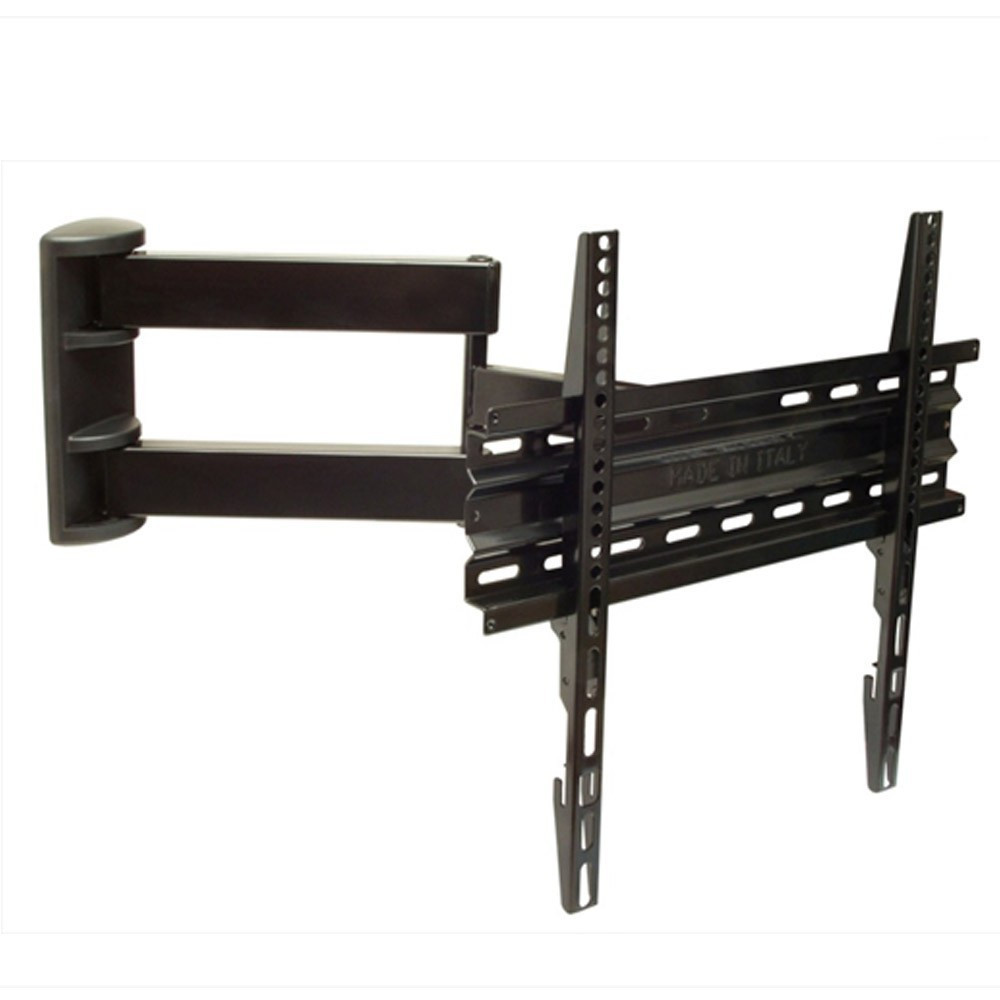 Eine schwarze TV-Wandhalterung, Made in Italy, mit verstellbaren Armen.