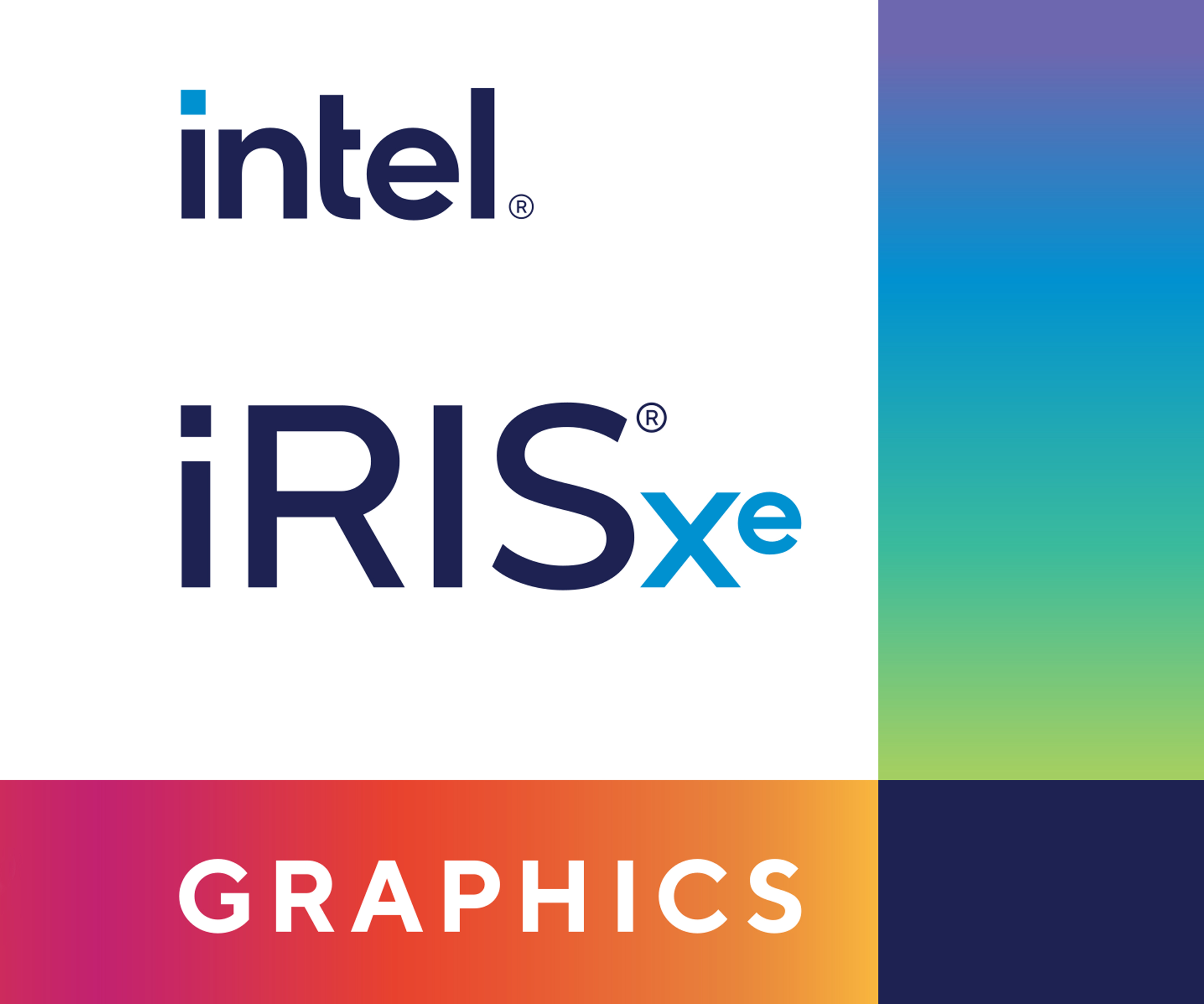 Logo Intel Iris Xe Graphics con uno sfondo sfumato.
