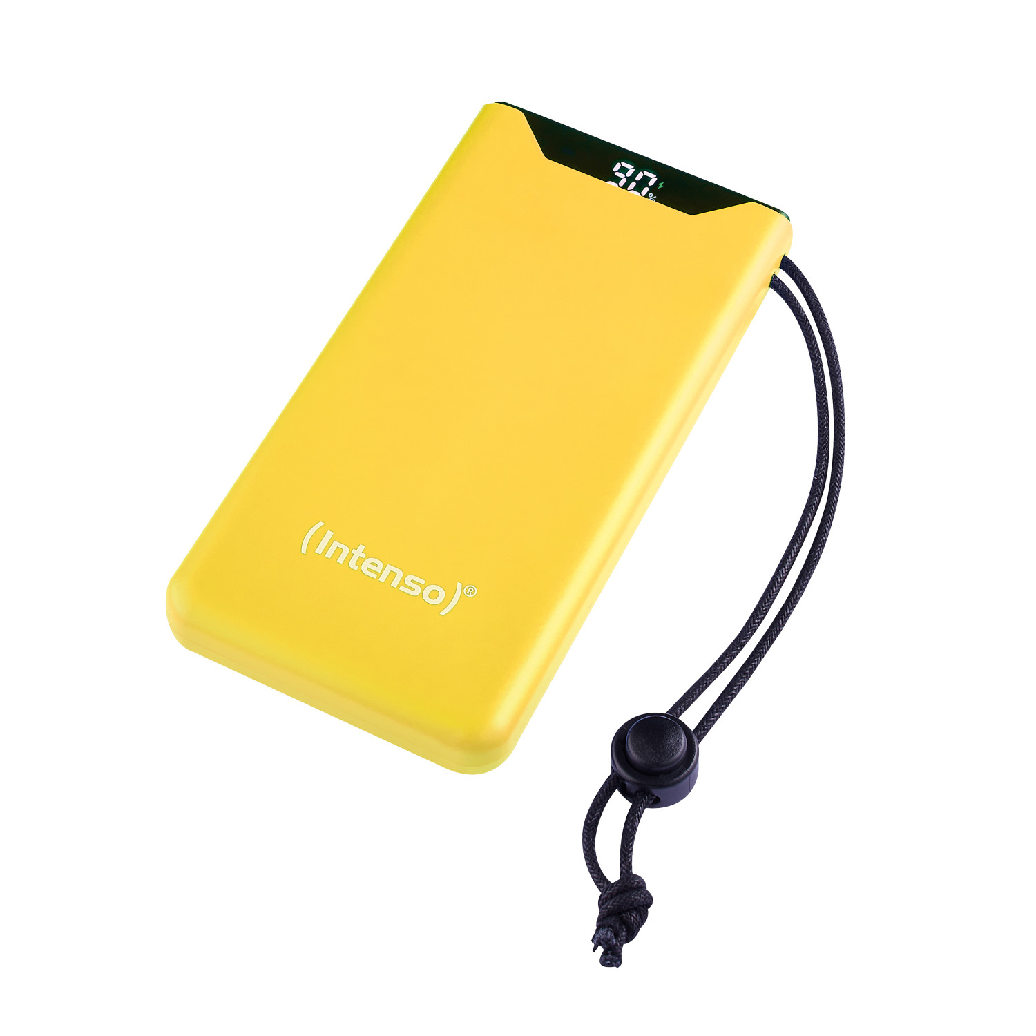 Batterie externe jaune avec une lanière noire, affichant 90%, et bouton noir.