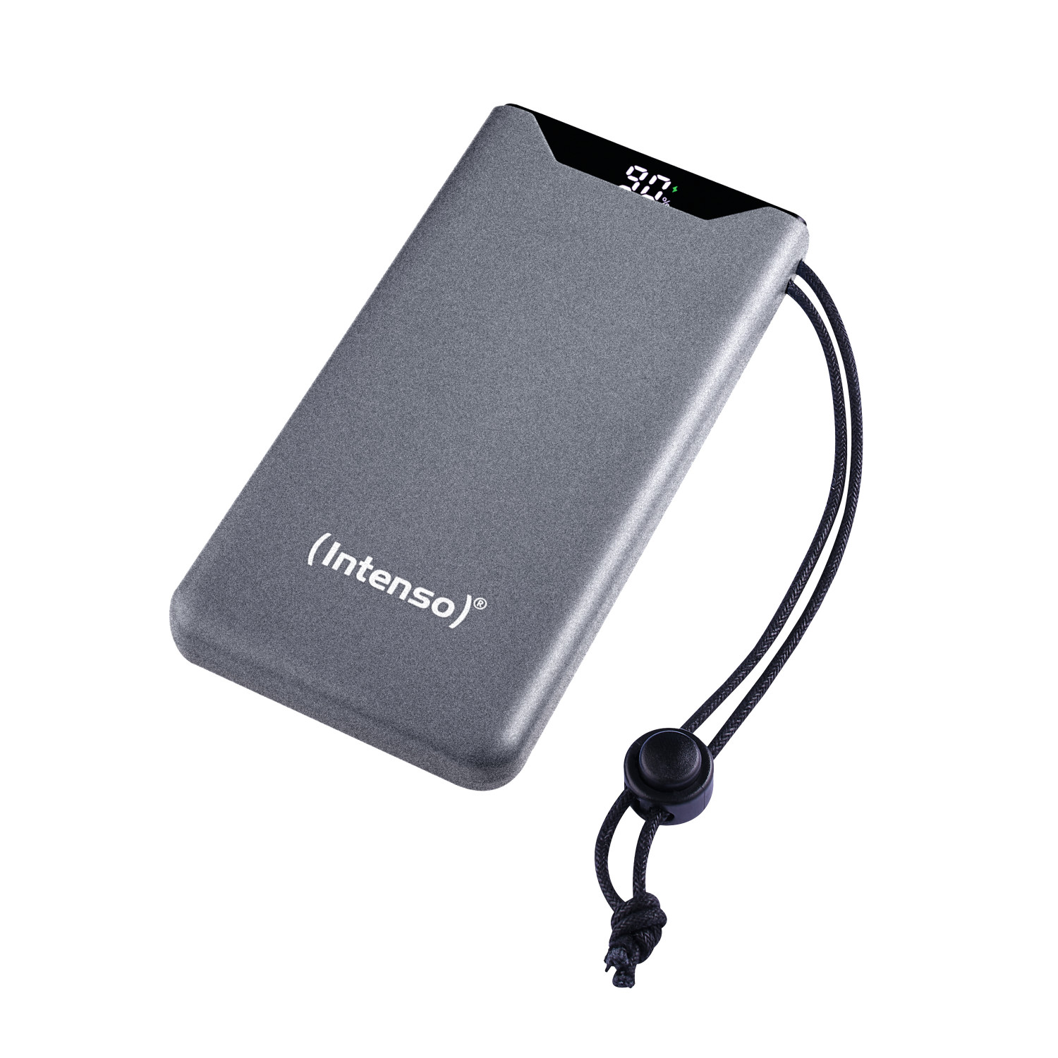 Grijze powerbank met een zwarte riem en een digitaal display met 90% lading.