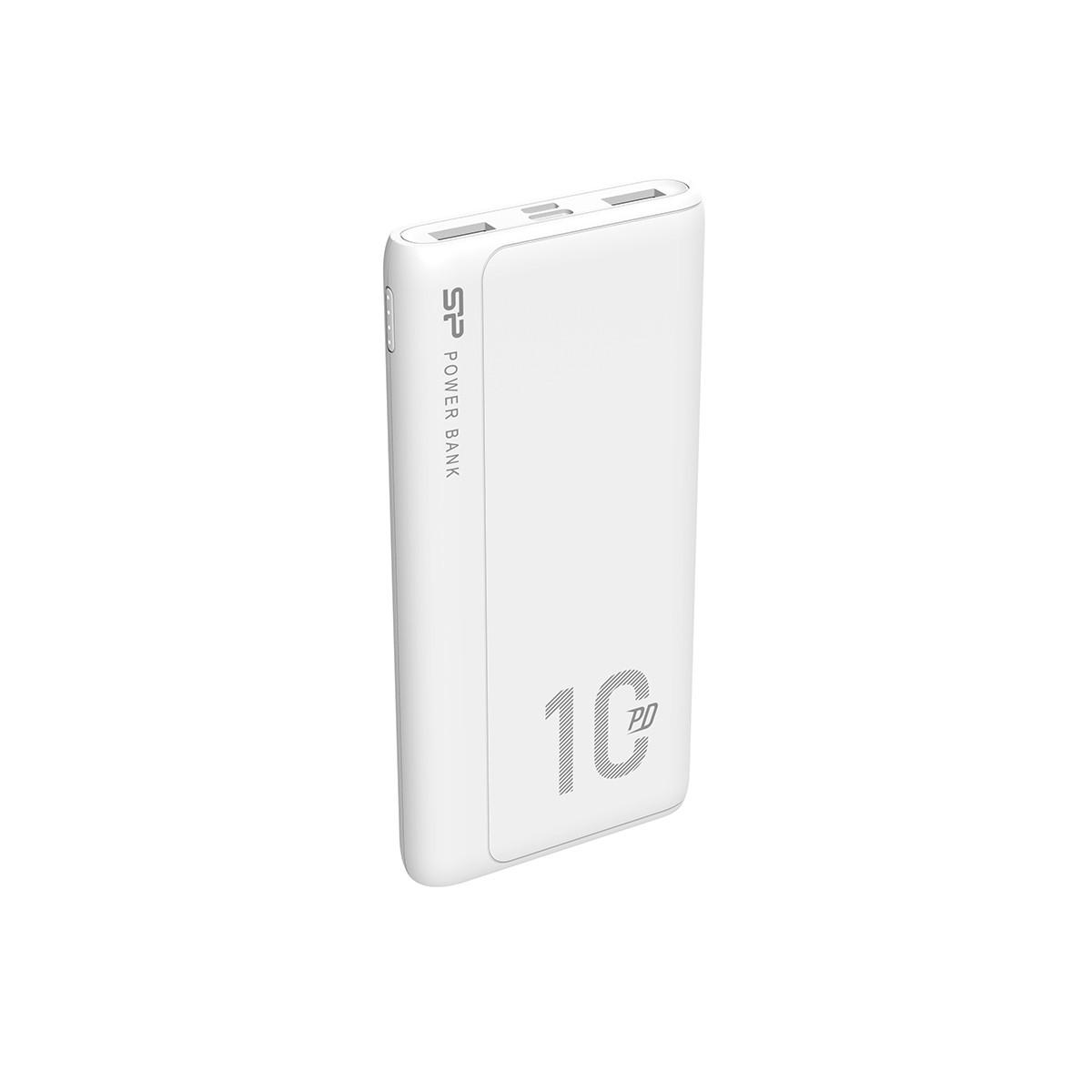 Batería externa blanca con el número 10 impreso. Tiene un botón de encendido y varios puertos.