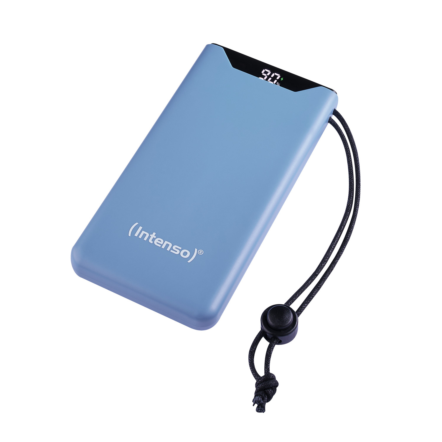 Blauwe powerbank met koord. Toont 90%. (Intenso) logo is zichtbaar.