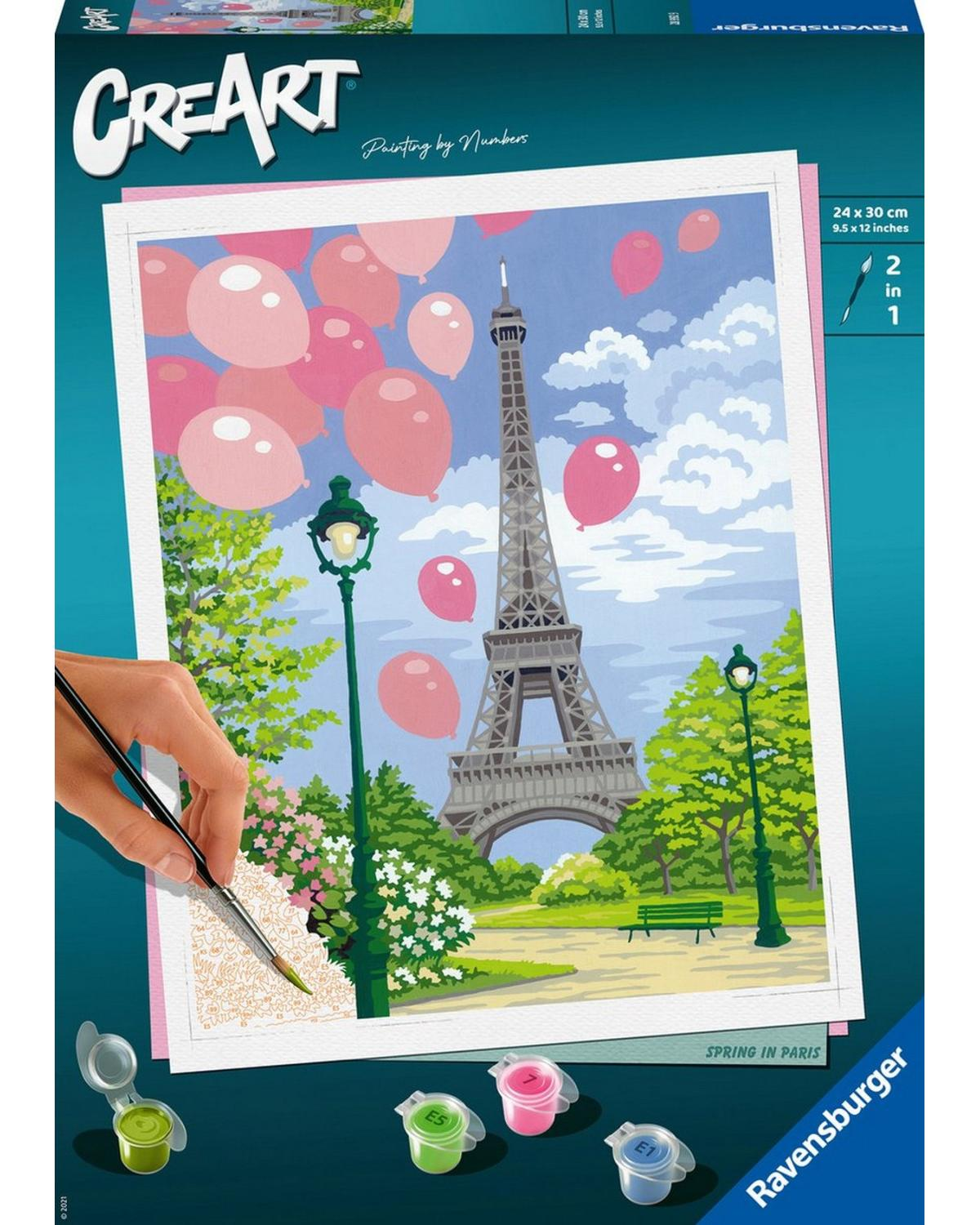 Un kit di pittura numerica con un dipinto della Torre Eiffel, palloncini rosa e cielo blu.