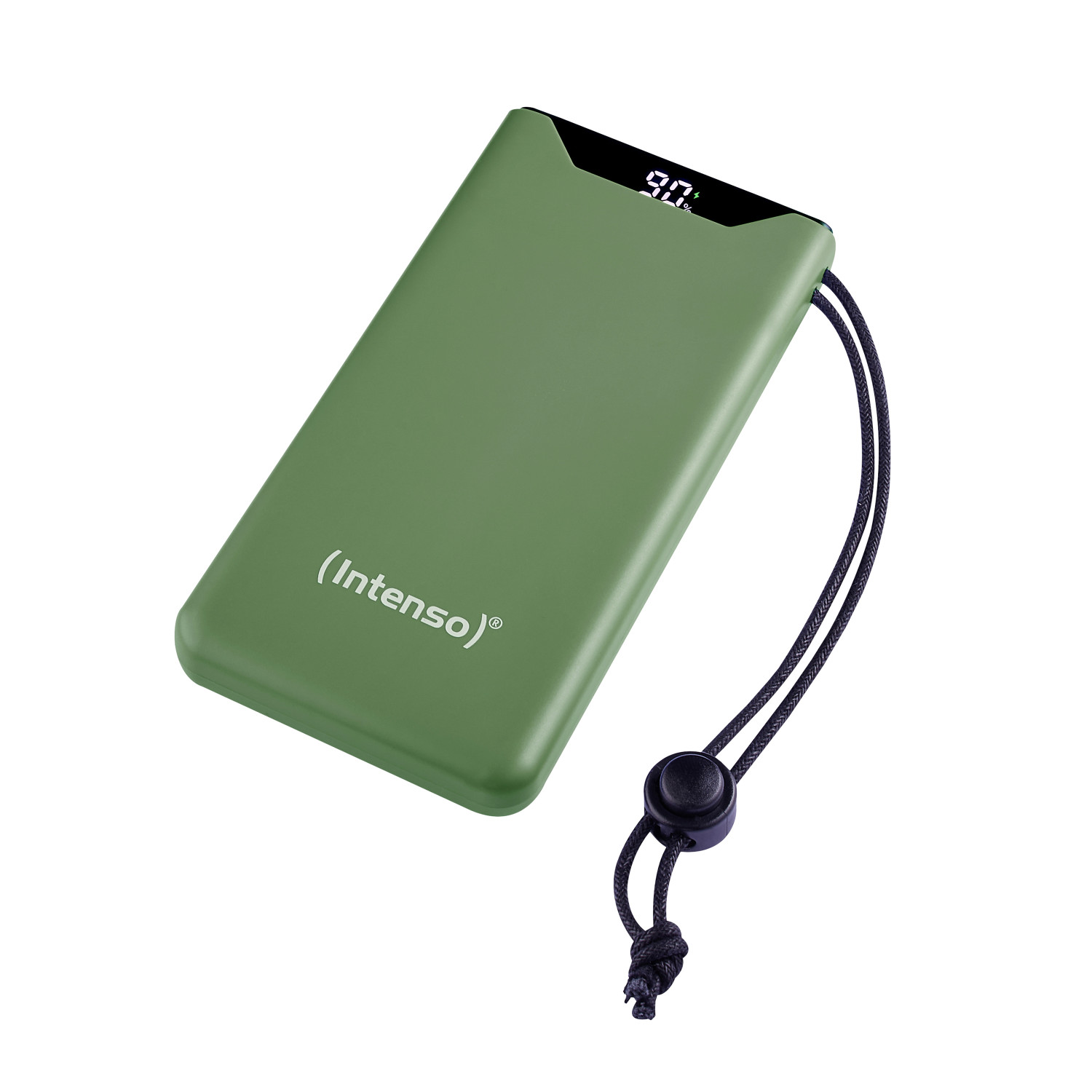Batería externa verde con 90% de carga. Incluye un cable negro. La marca "Intenso" está impresa.