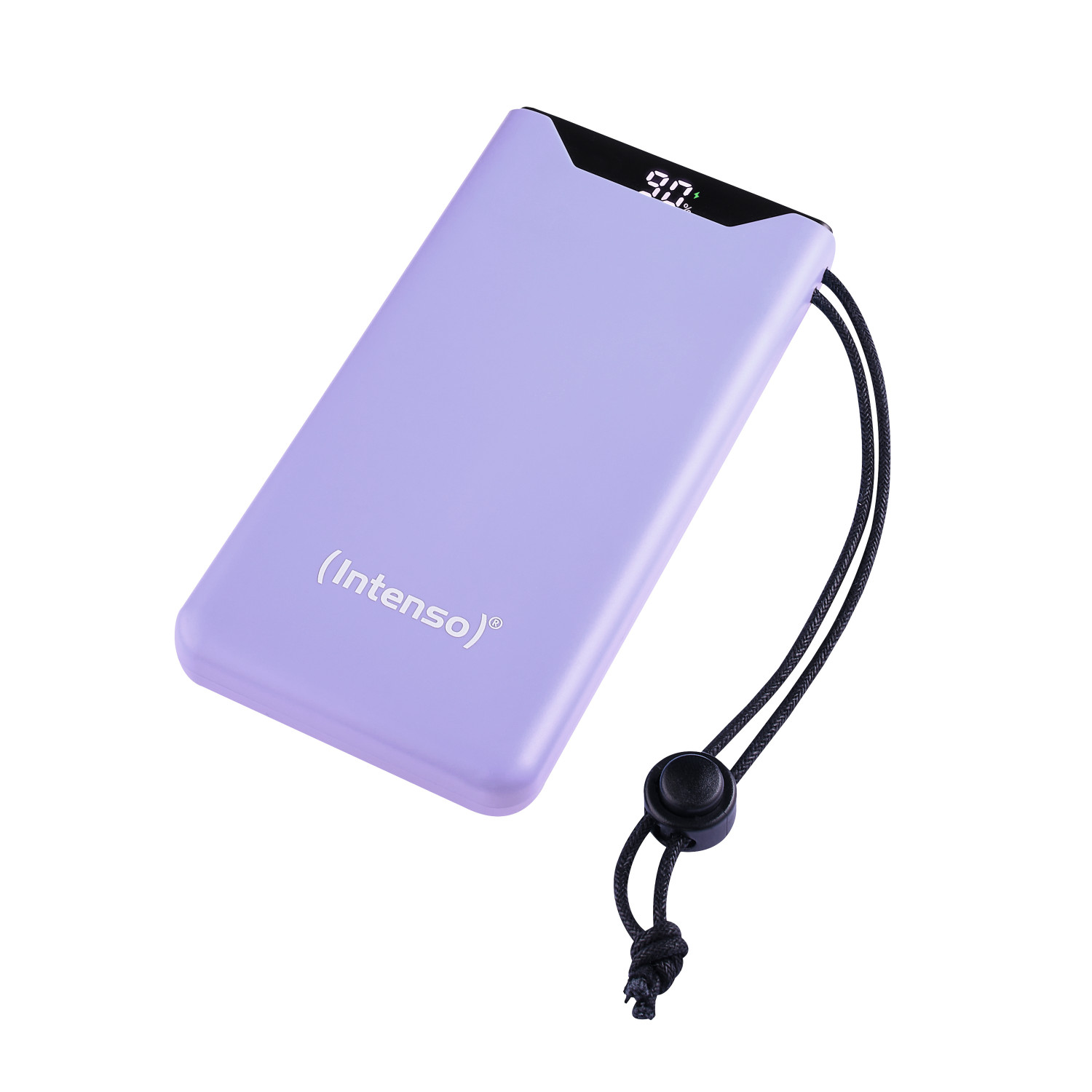 Paarse powerbank met zwart koord, display toont 90%, geïsoleerd op witte achtergrond.