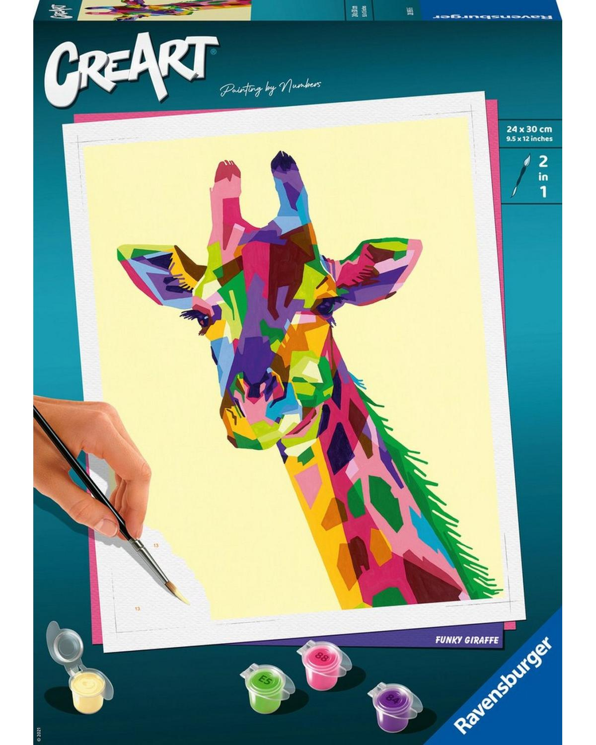 Kit di pittura numerica di una giraffa con illustrazione colorata su sfondo giallo.