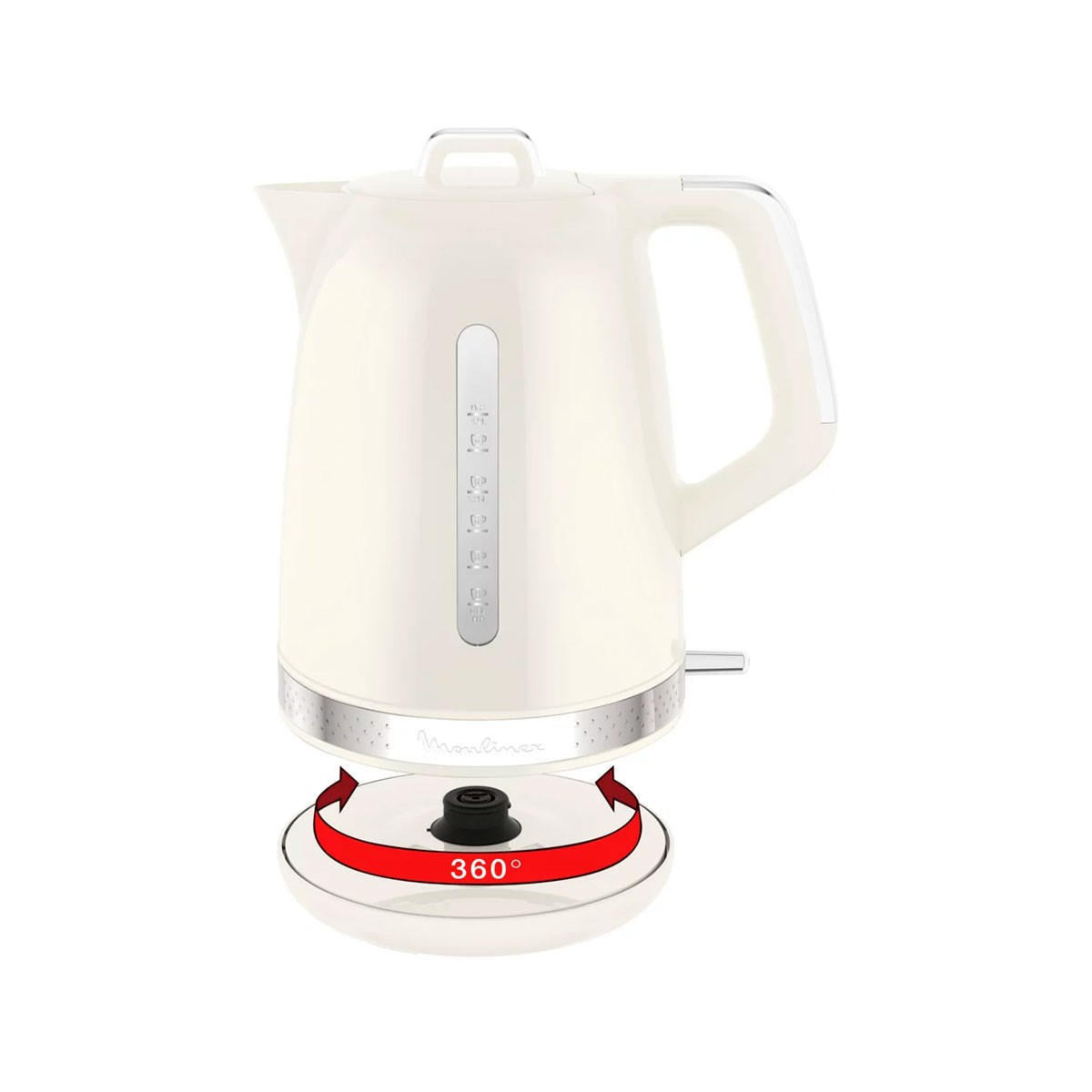 Hervidor color crema sobre base giratoria, con texto: 360°.