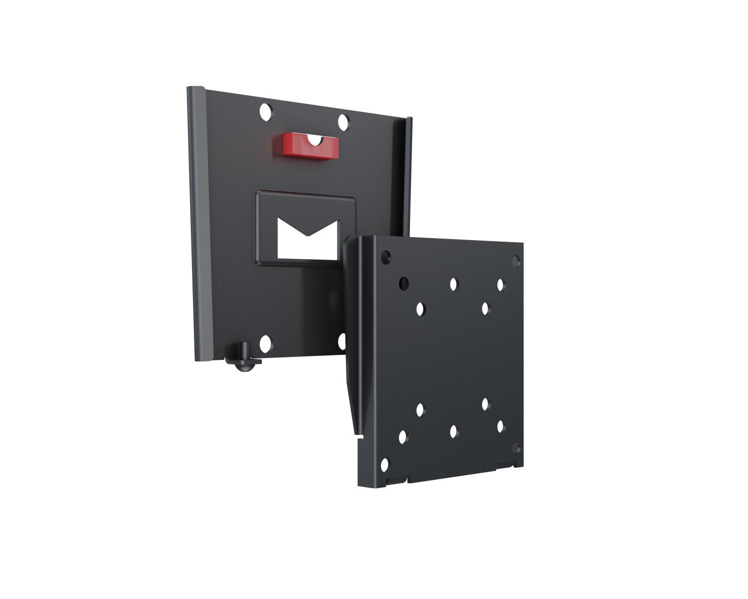 Un support TV noir avec niveau rouge et plaque de montage séparée.