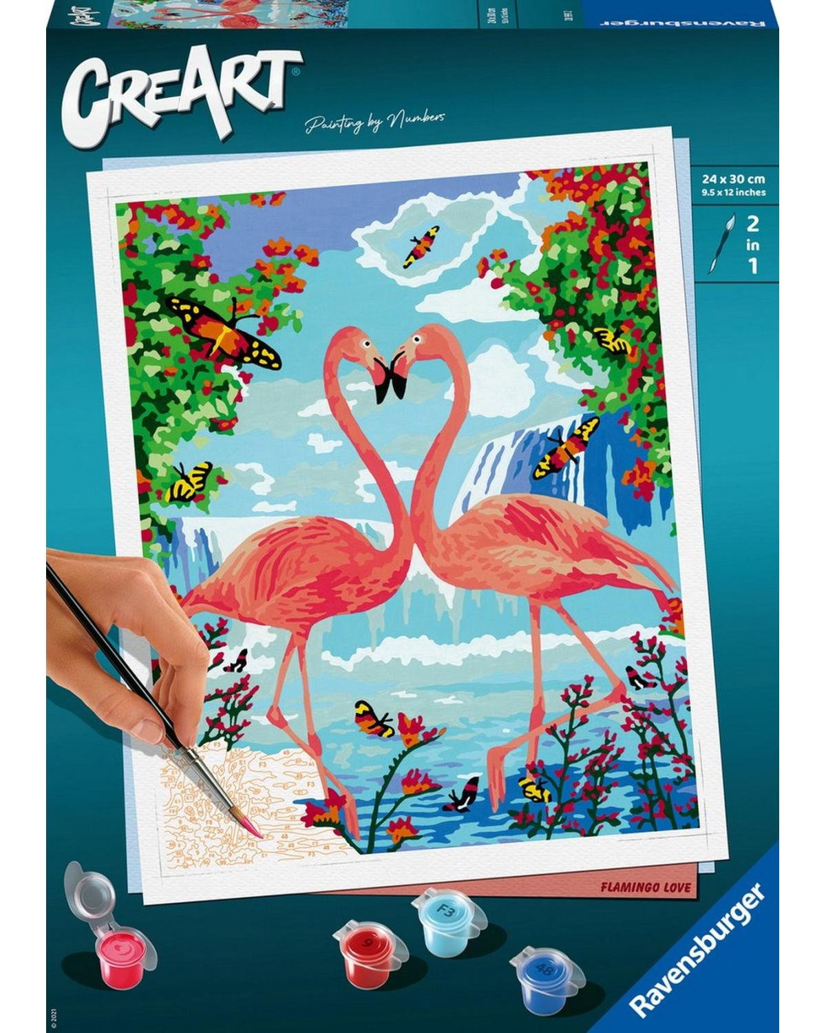 Kit pittura a numeri. Fenicotteri rosa, farfalle e una cascata nella scena.