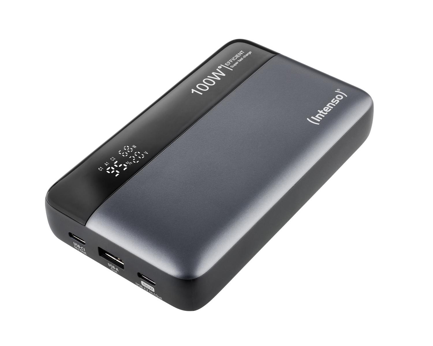 Power bank Intenso grigio scuro con parte superiore nera, display e porte. Mostra la percentuale.