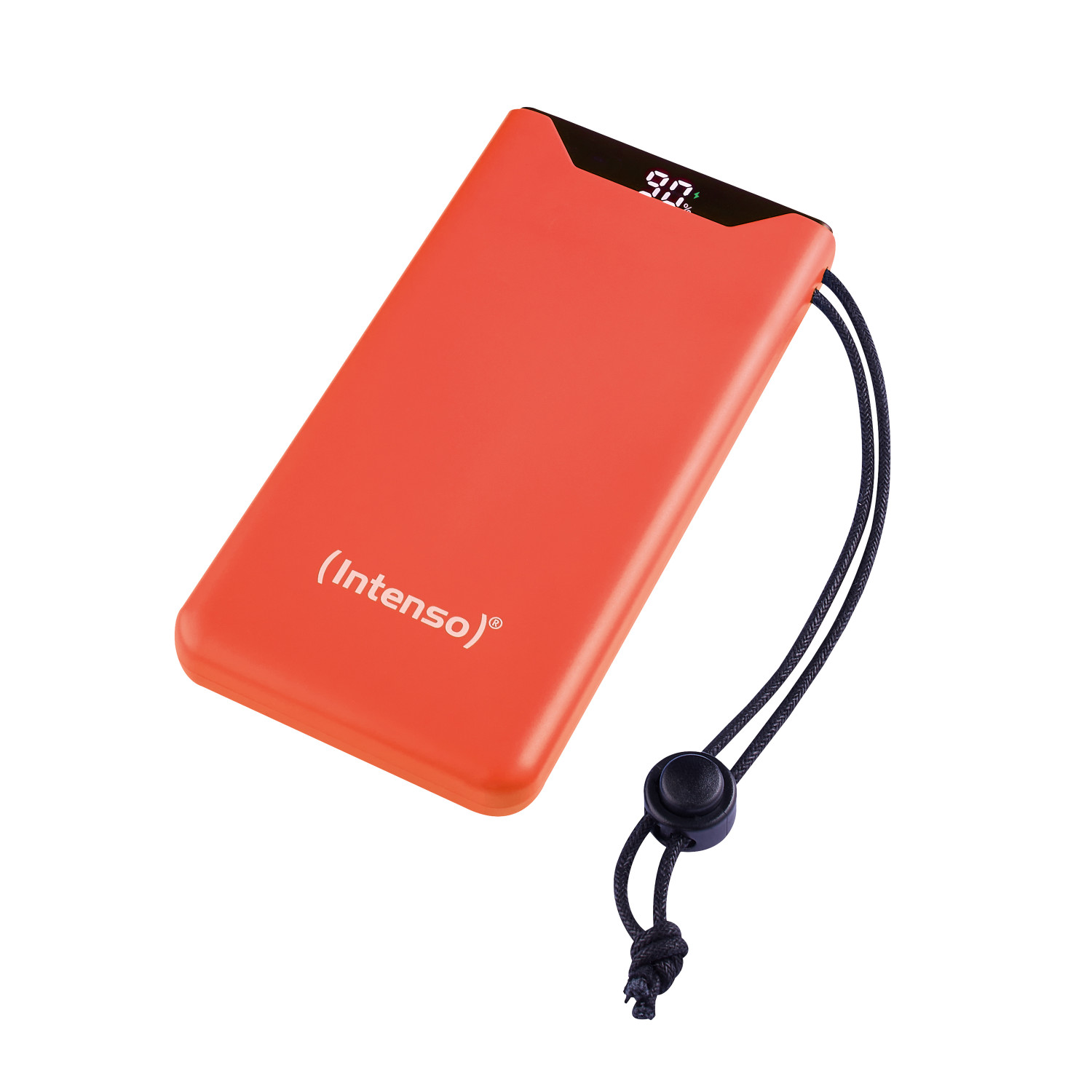 Batterie externe orange avec cordon noir, affichant 90% de charge. Fond blanc.