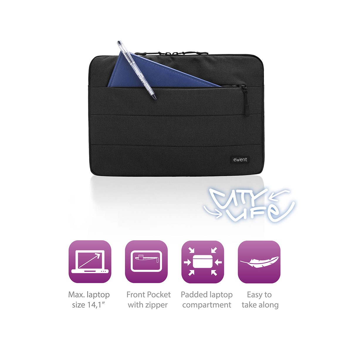 Custodia nera per laptop con penna e blocco note blu, con icone.