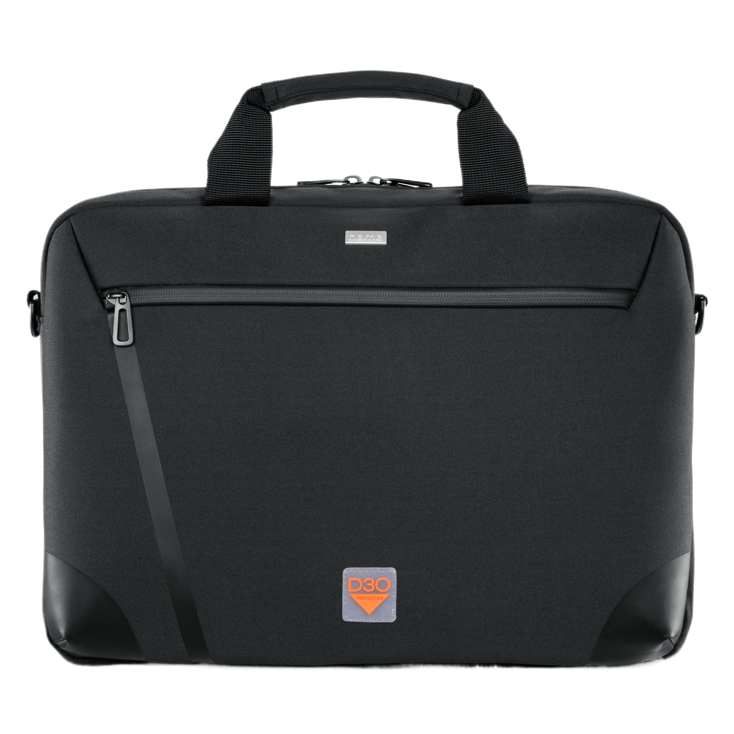 Borsa per laptop nera con manico e tracolla. Ha una tasca frontale e un logo DSO.